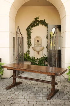 French Oak Farm Table with Trestle Base and Weathered Patina, circa 1880