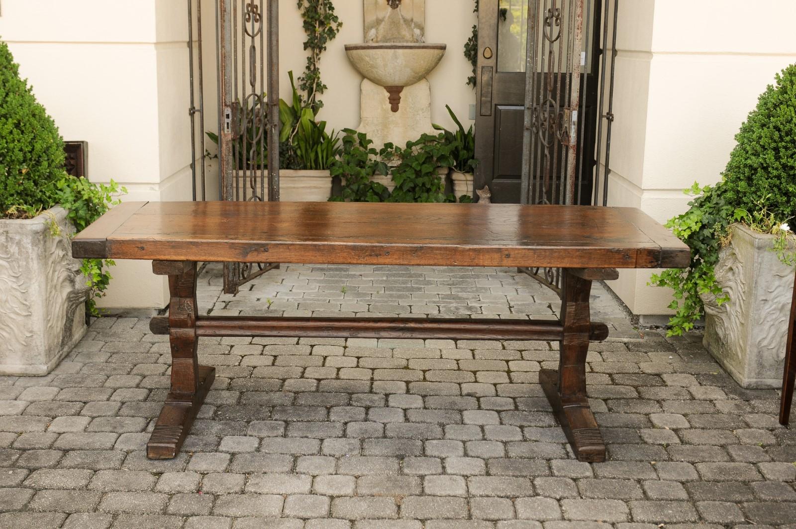 19th Century French Oak Farm Table with Trestle Base and Weathered Patina, circa 1880