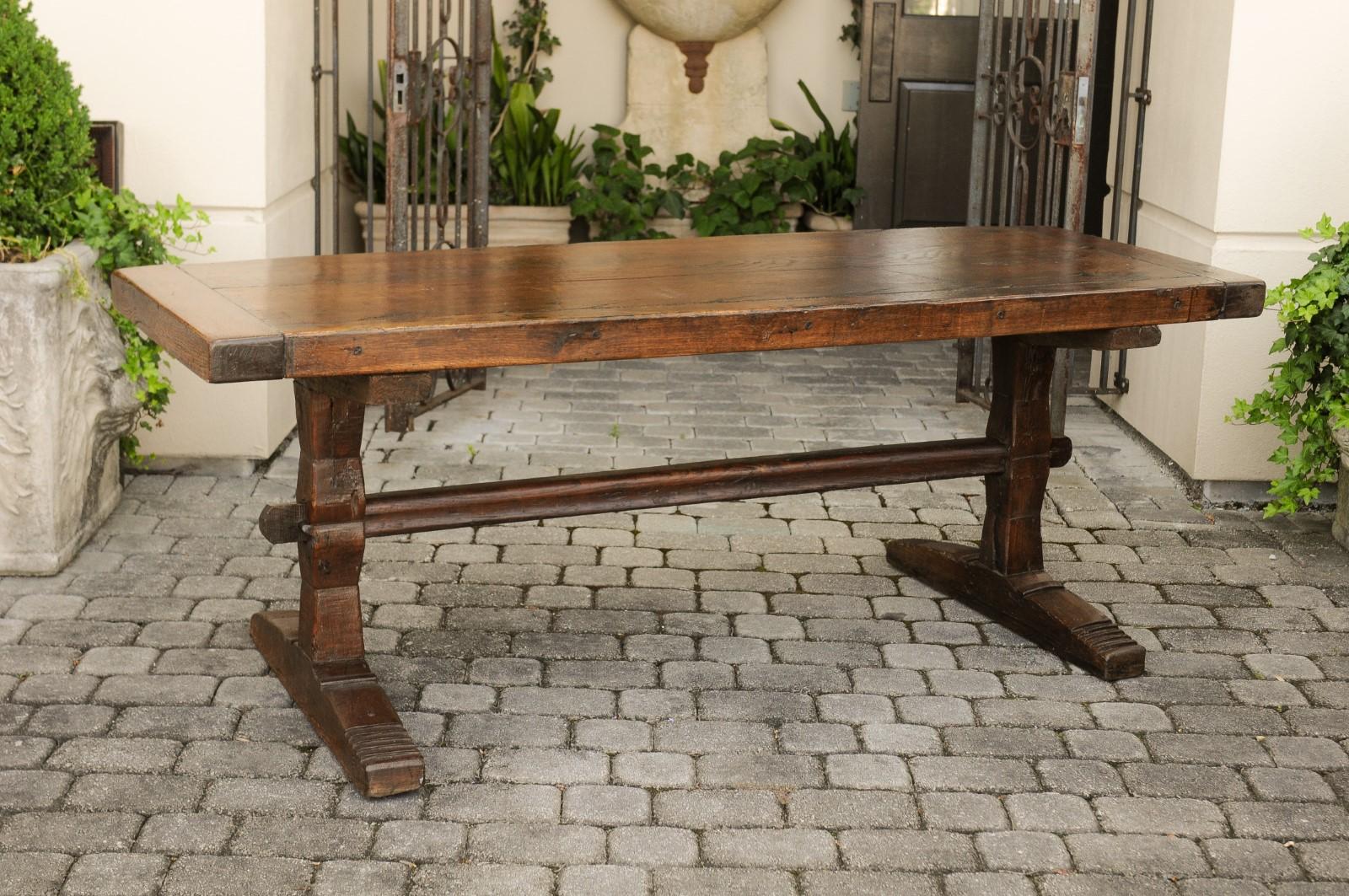 French Oak Farm Table with Trestle Base and Weathered Patina, circa 1880 1