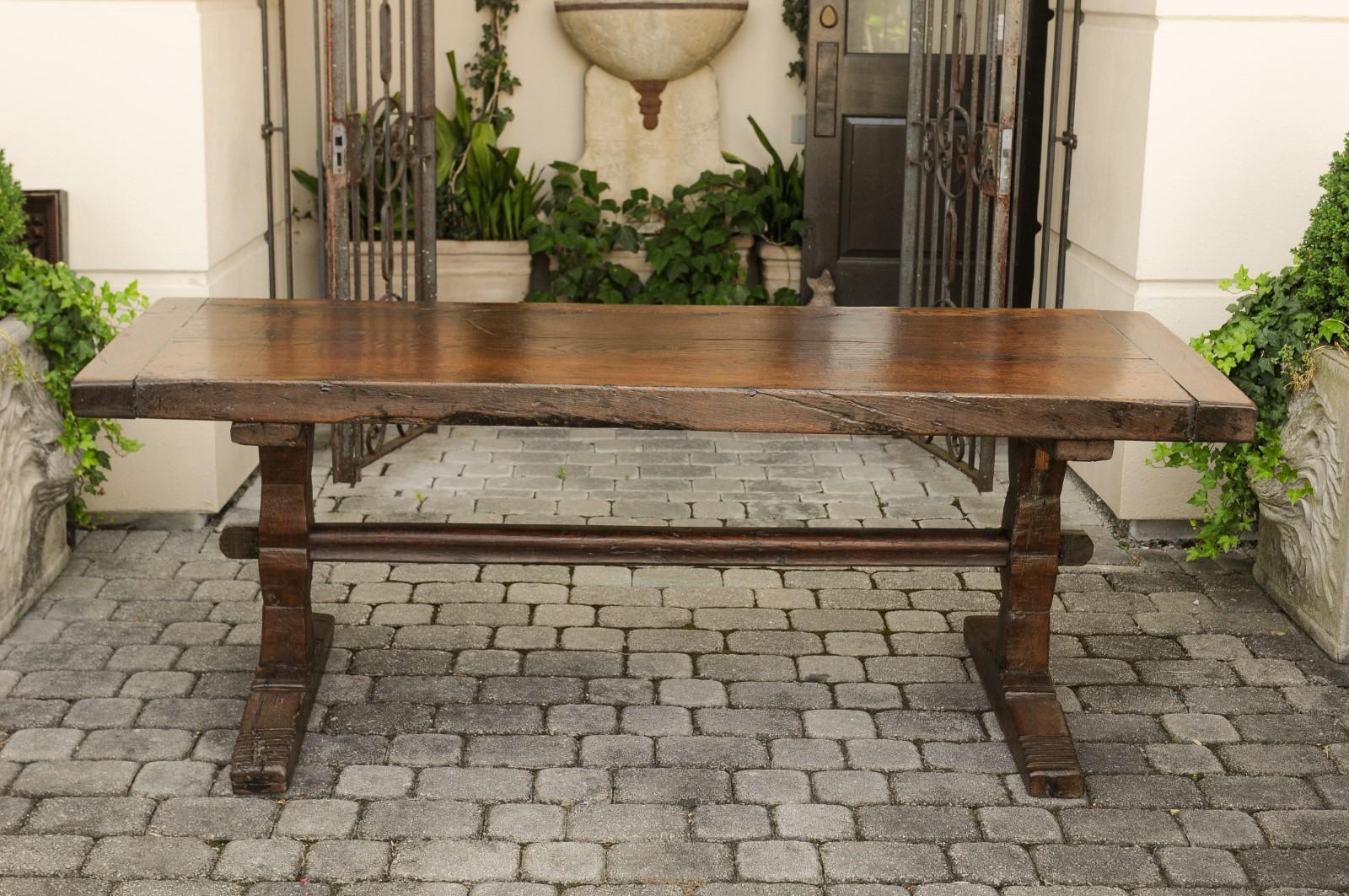 French Oak Farm Table with Trestle Base and Weathered Patina, circa 1880 4