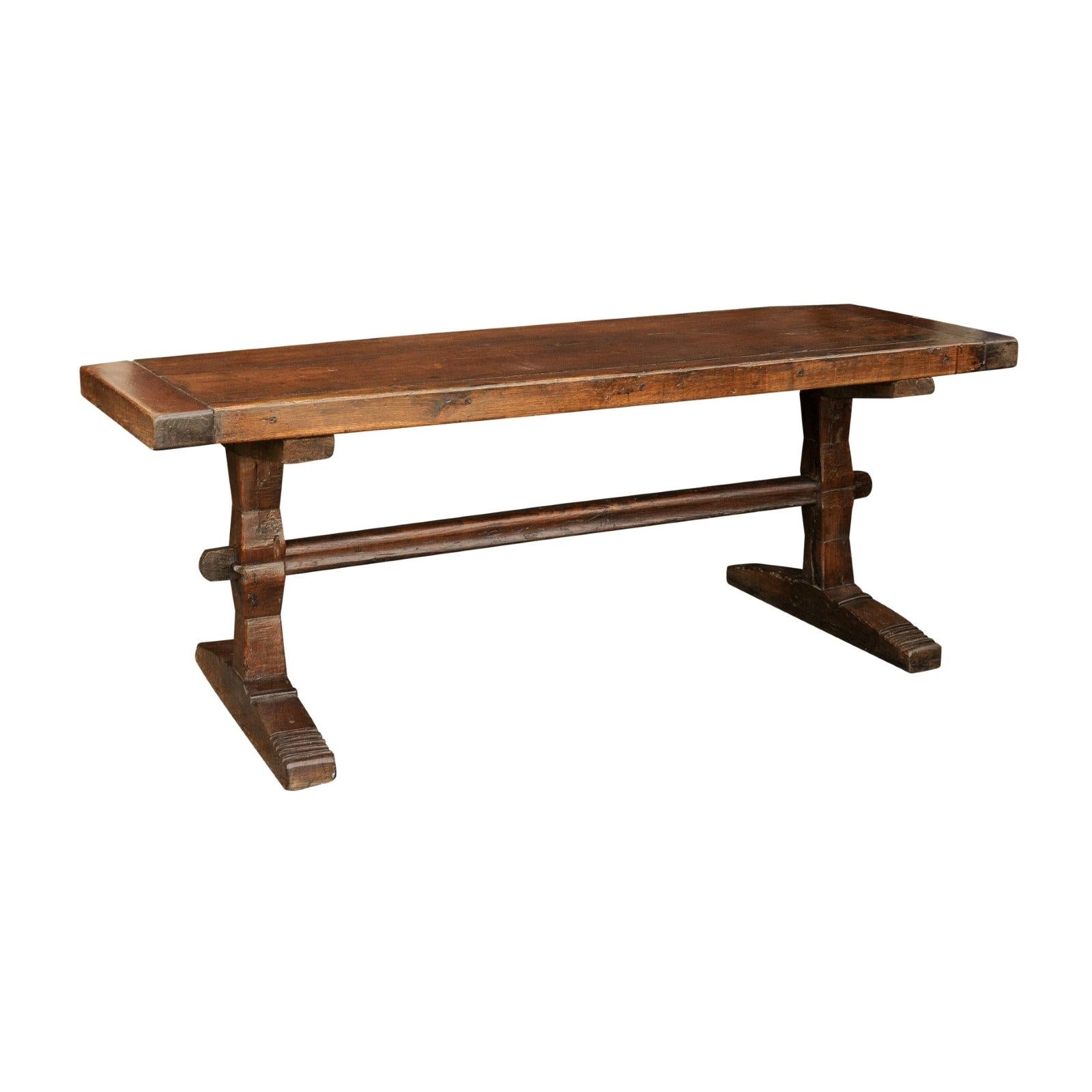 French Oak Farm Table with Trestle Base and Weathered Patina, circa 1880