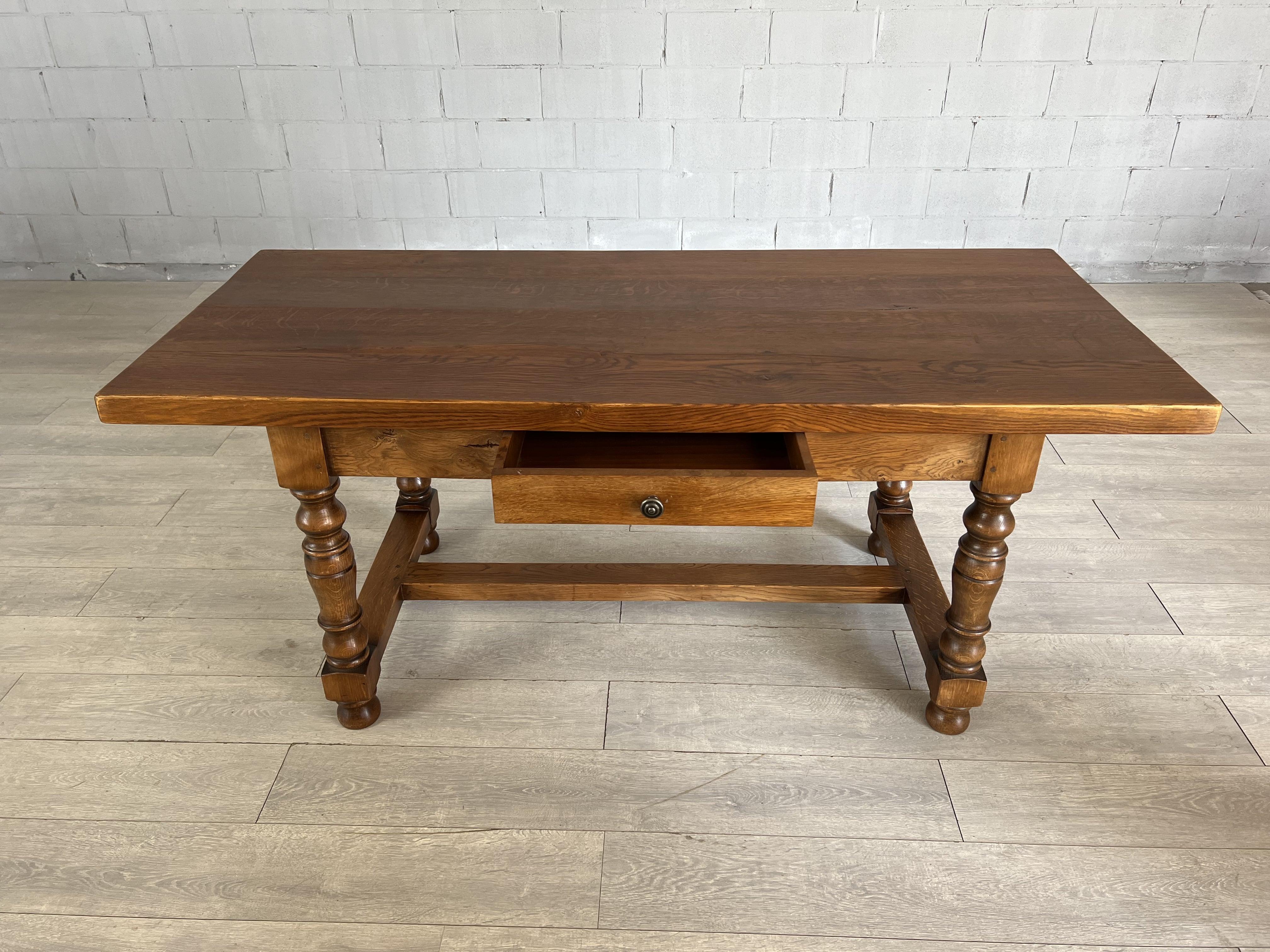 French Oak Farmhouse Kitchen or Dining Table With Single Drawer In Good Condition In Bridgeport, CT