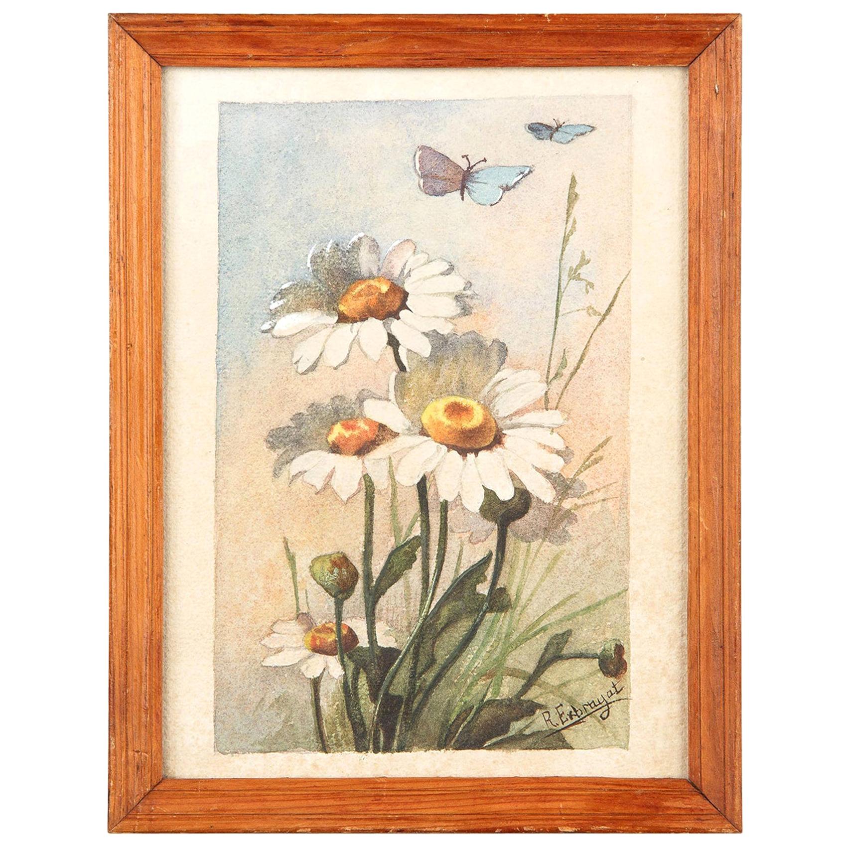 French Oak Frame with Watercolor of Daisies by R. Exbrayat, 20th Century For Sale