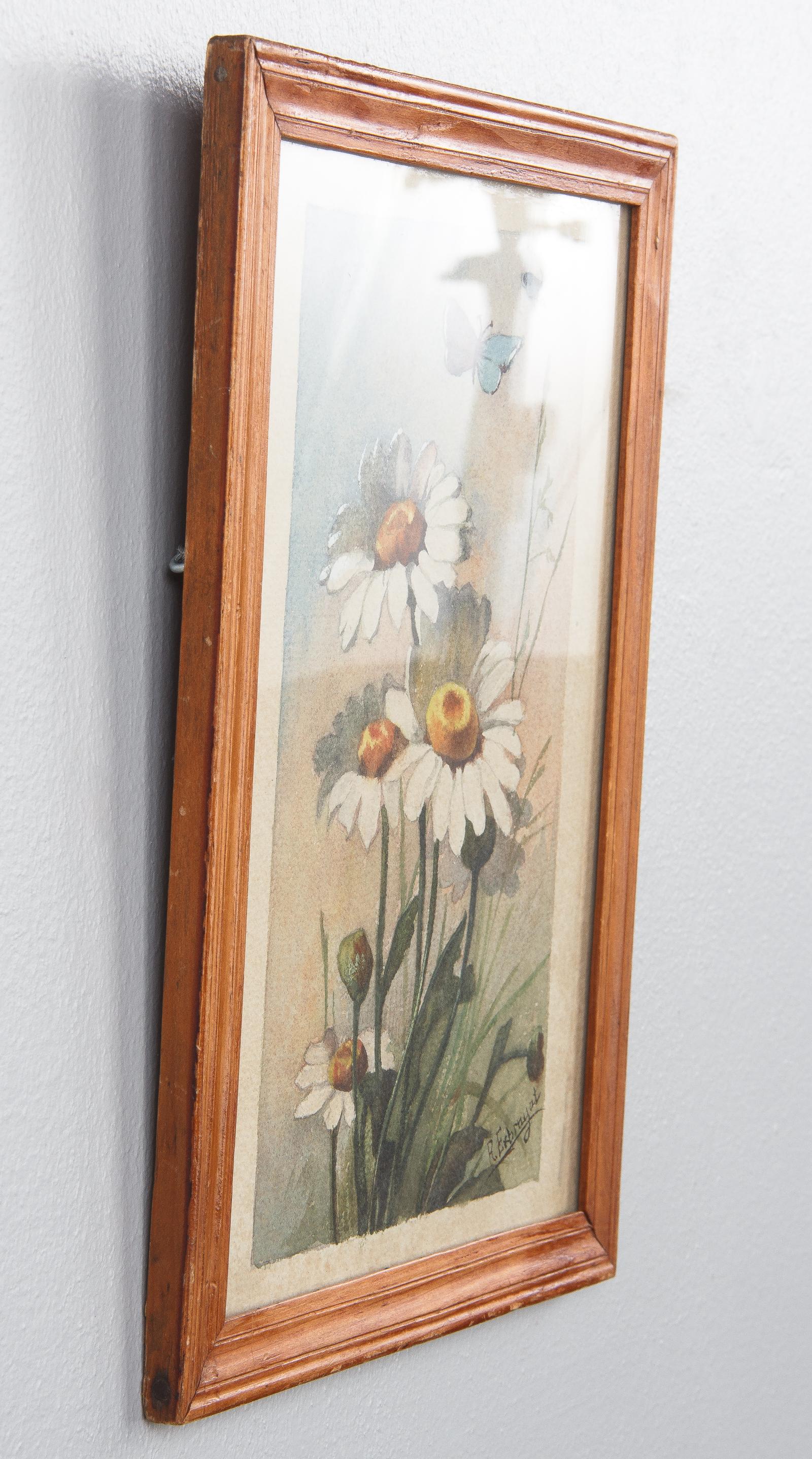 Hand-Painted French Oak Frame with Watercolor of Daisies by R. Exbrayat, 20th Century For Sale
