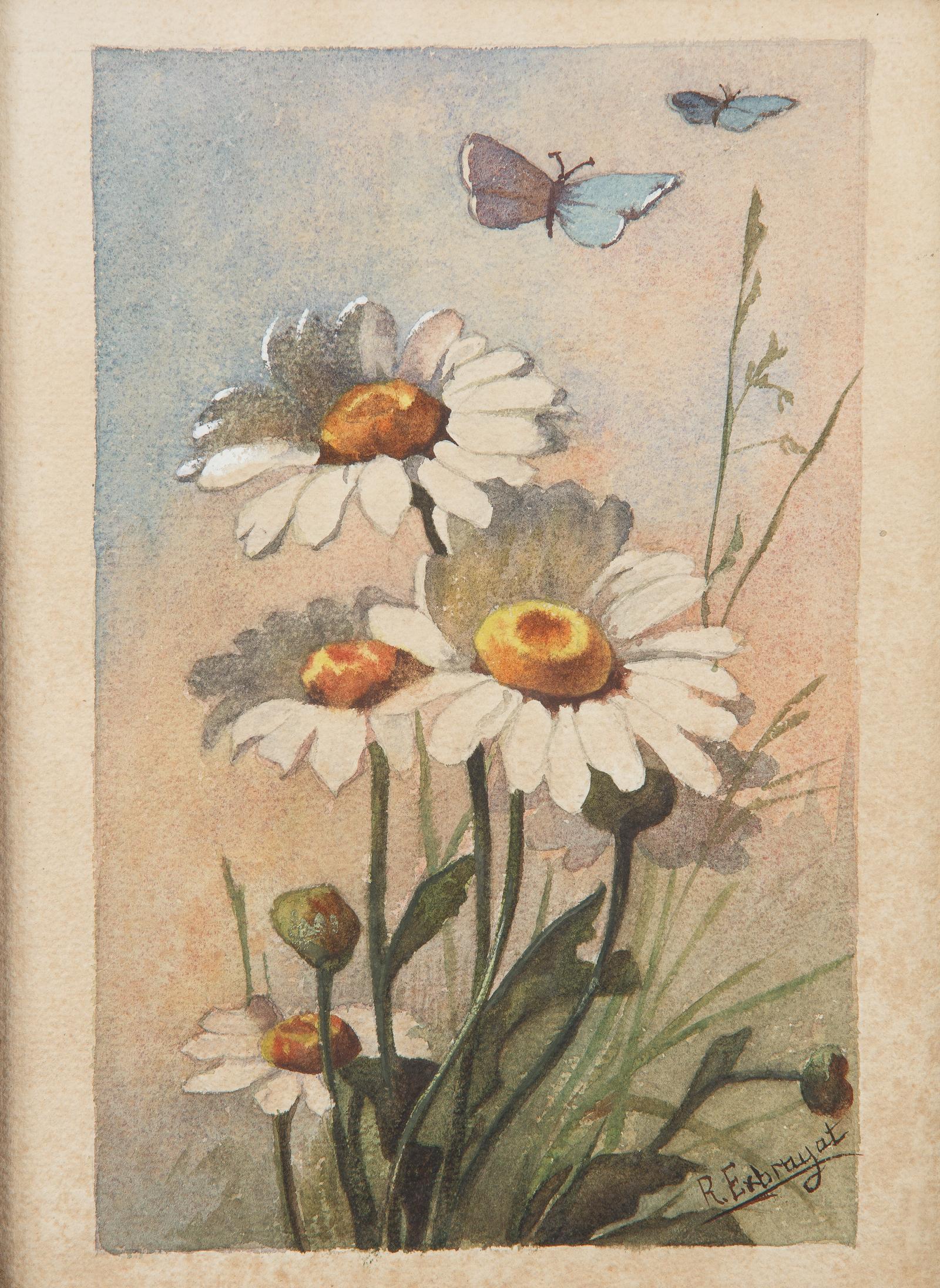 French Oak Frame with Watercolor of Daisies by R. Exbrayat, 20th Century In Good Condition For Sale In Austin, TX