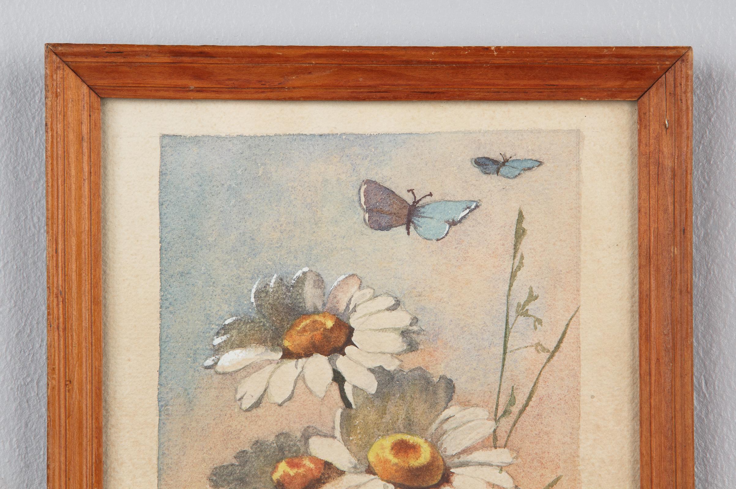 French Oak Frame with Watercolor of Daisies by R. Exbrayat, 20th Century For Sale 1
