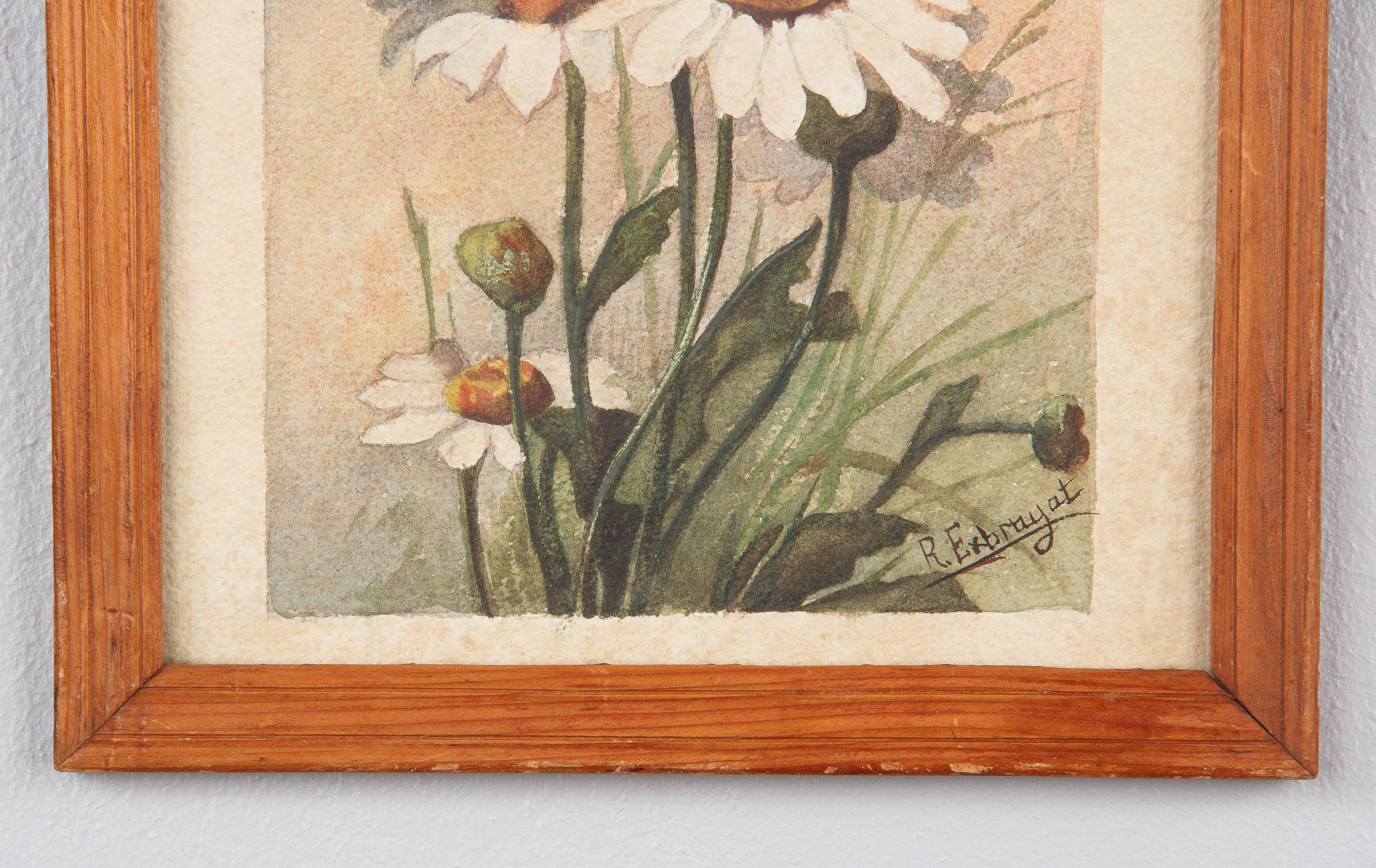 French Oak Frame with Watercolor of Daisies by R. Exbrayat, 20th Century For Sale 2