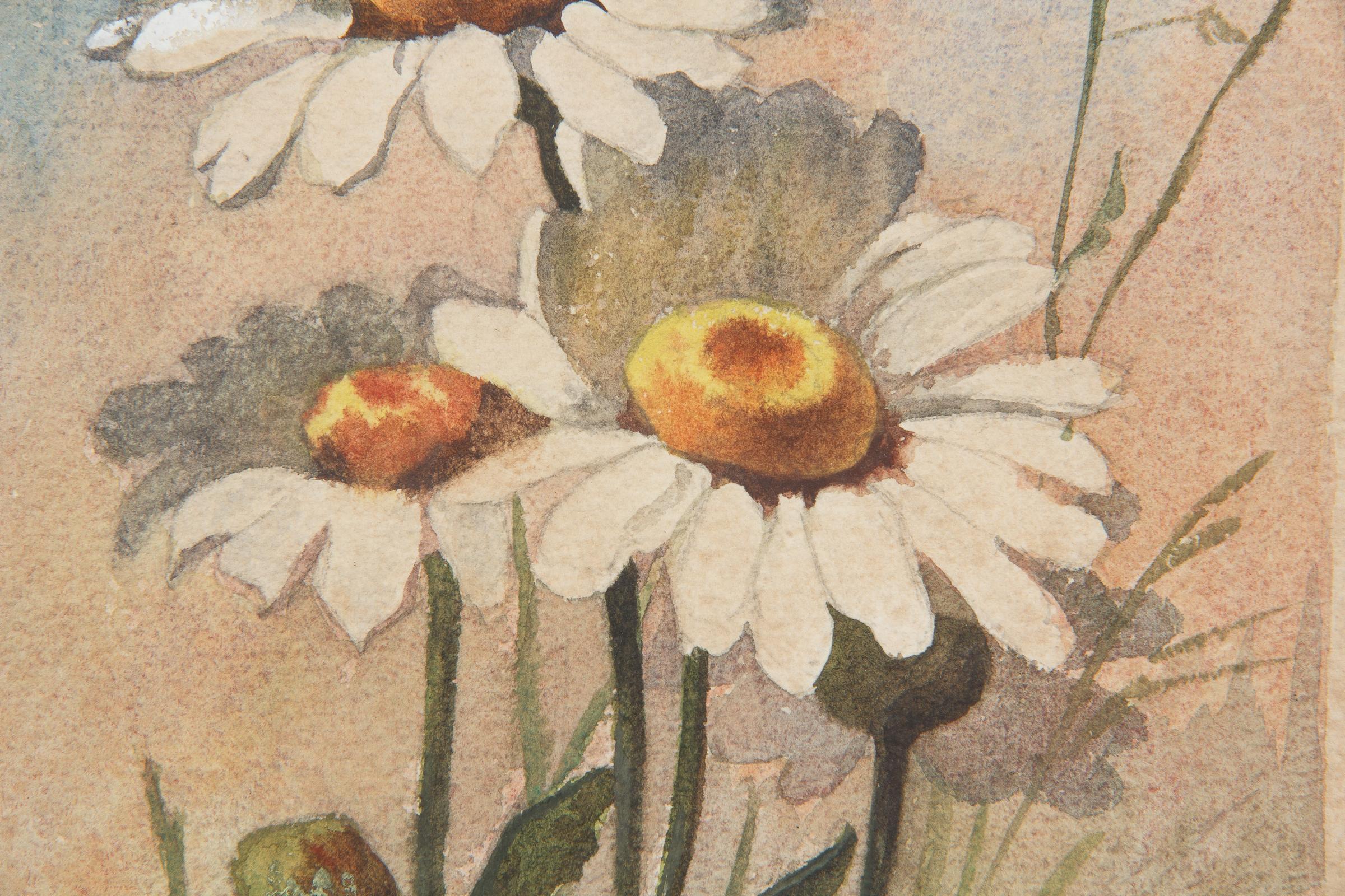 French Oak Frame with Watercolor of Daisies by R. Exbrayat, 20th Century For Sale 6