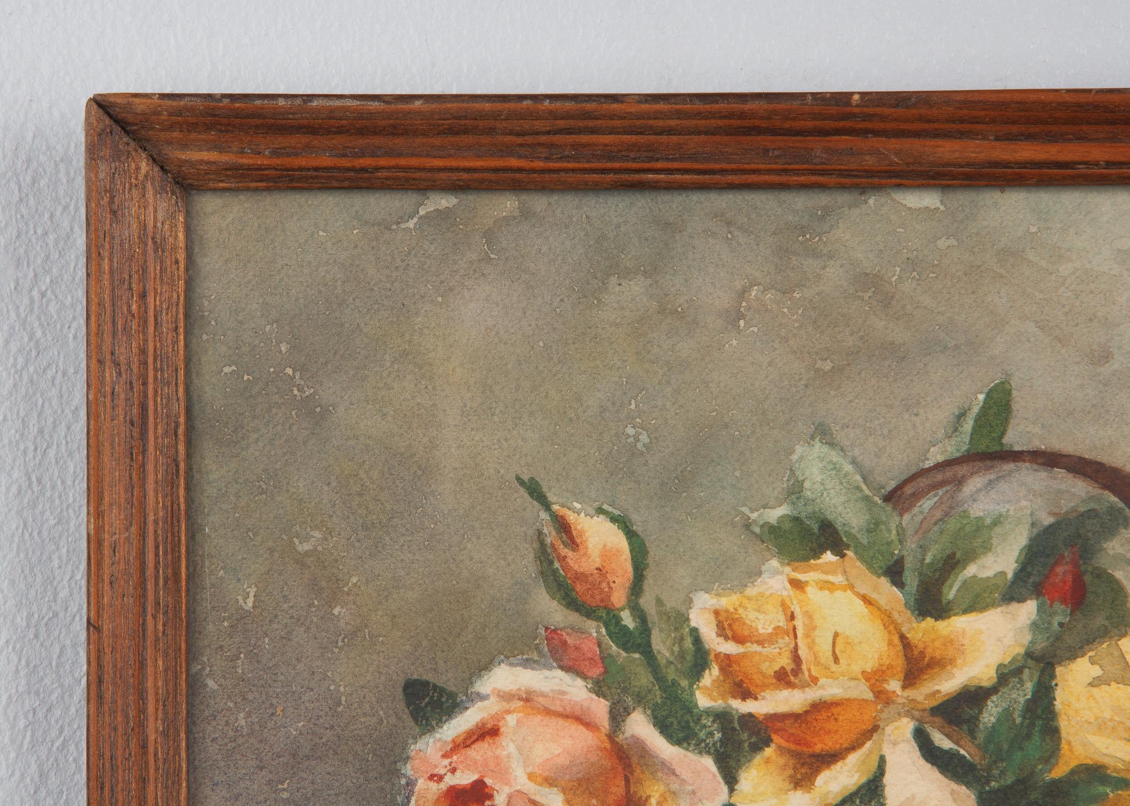 French Oak Frame with Watercolor of Flowers by Exbrayat, 20th Century In Good Condition For Sale In Austin, TX