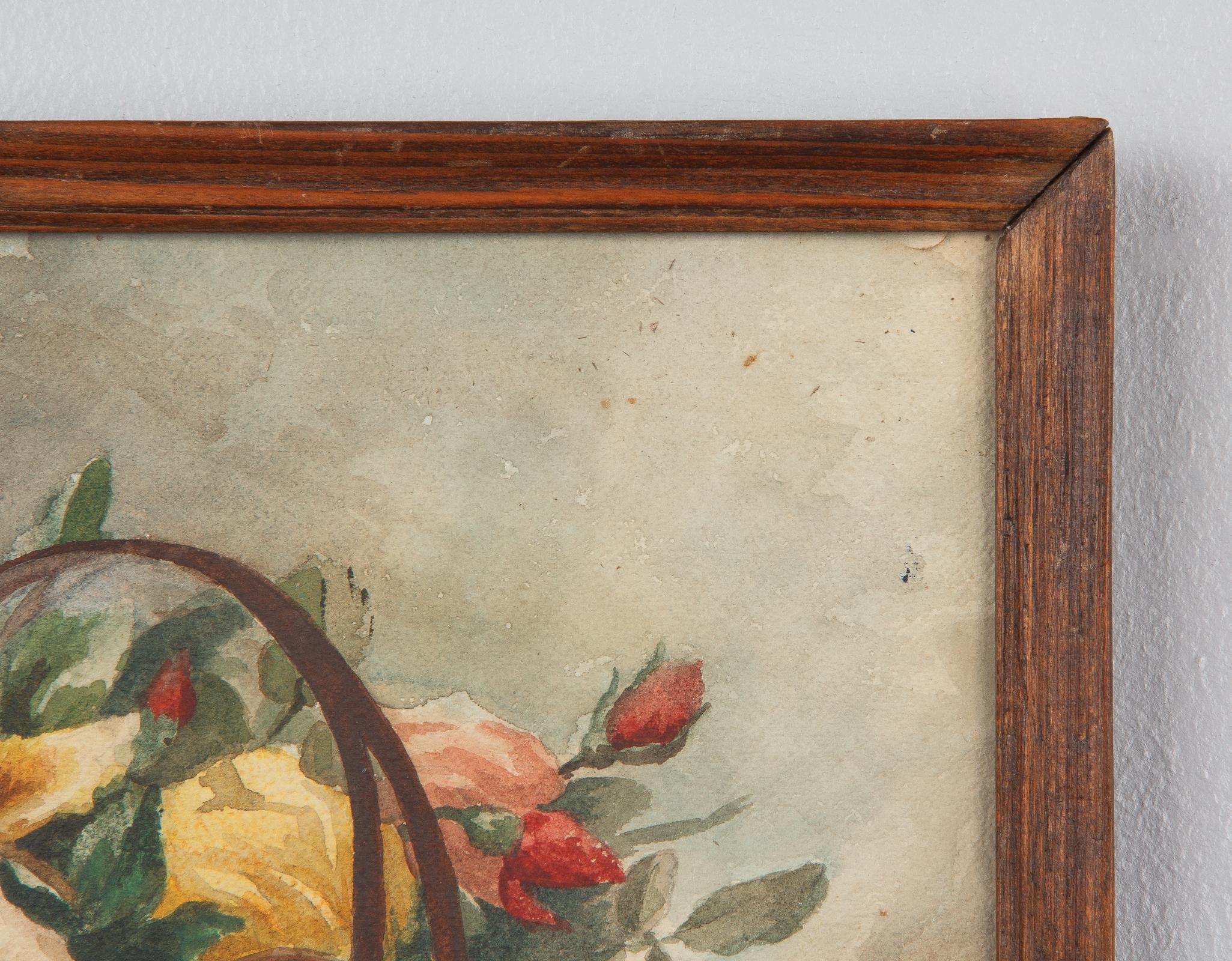 French Oak Frame with Watercolor of Flowers by Exbrayat, 20th Century For Sale 1