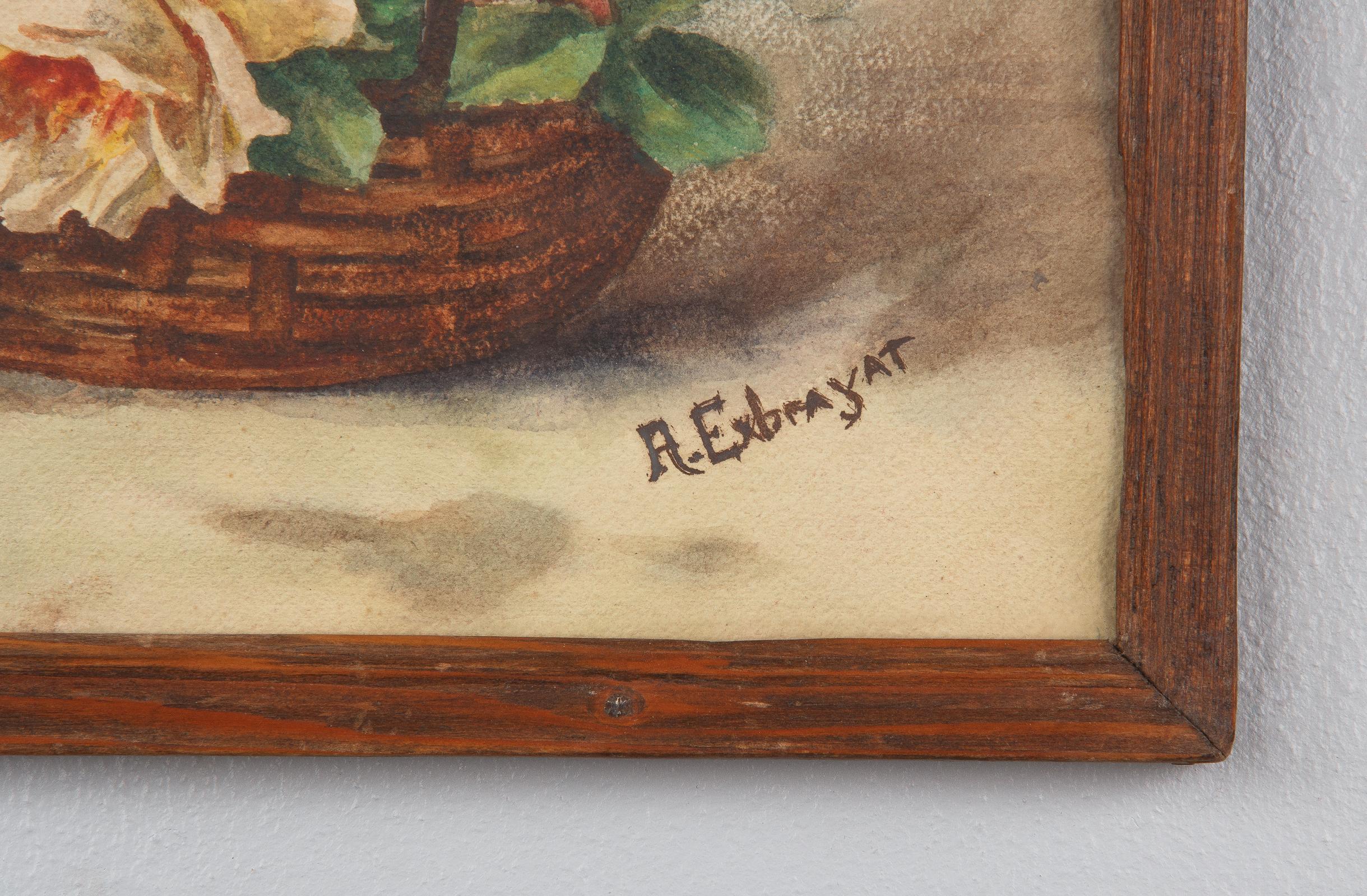 French Oak Frame with Watercolor of Flowers by Exbrayat, 20th Century For Sale 2