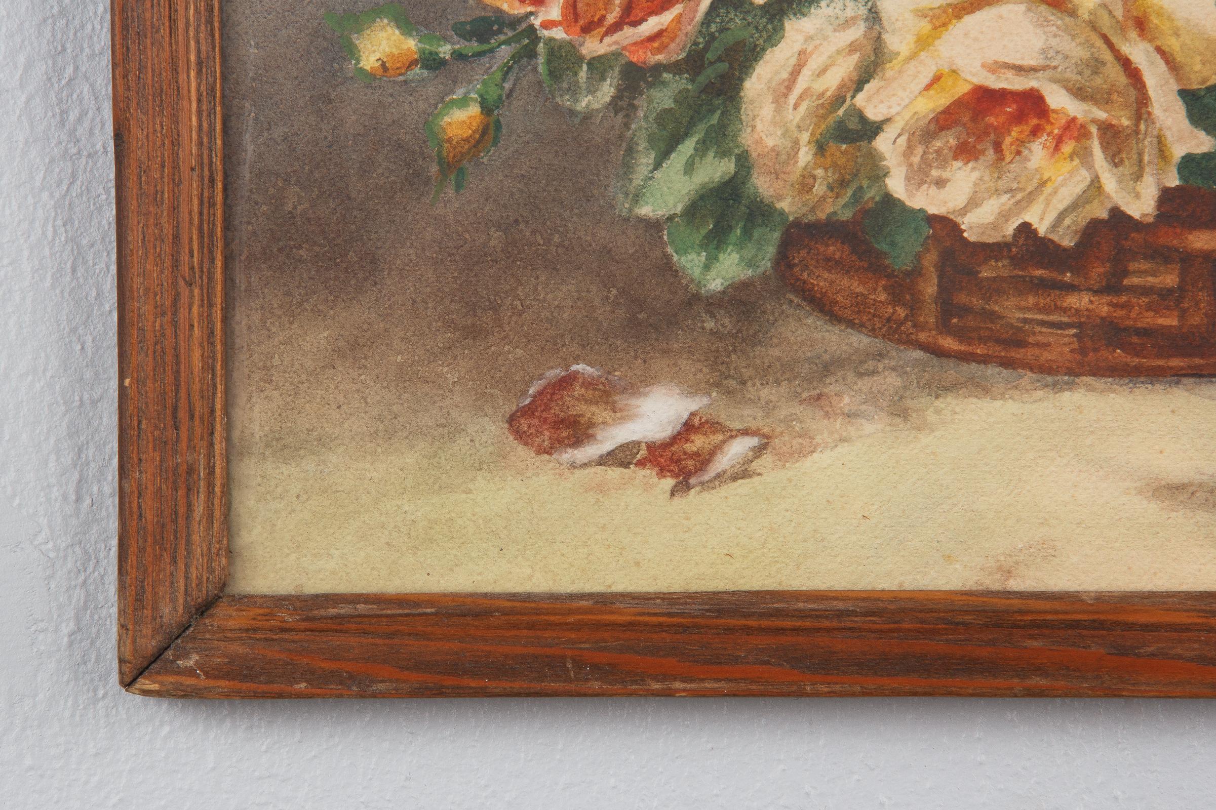 French Oak Frame with Watercolor of Flowers by Exbrayat, 20th Century For Sale 3