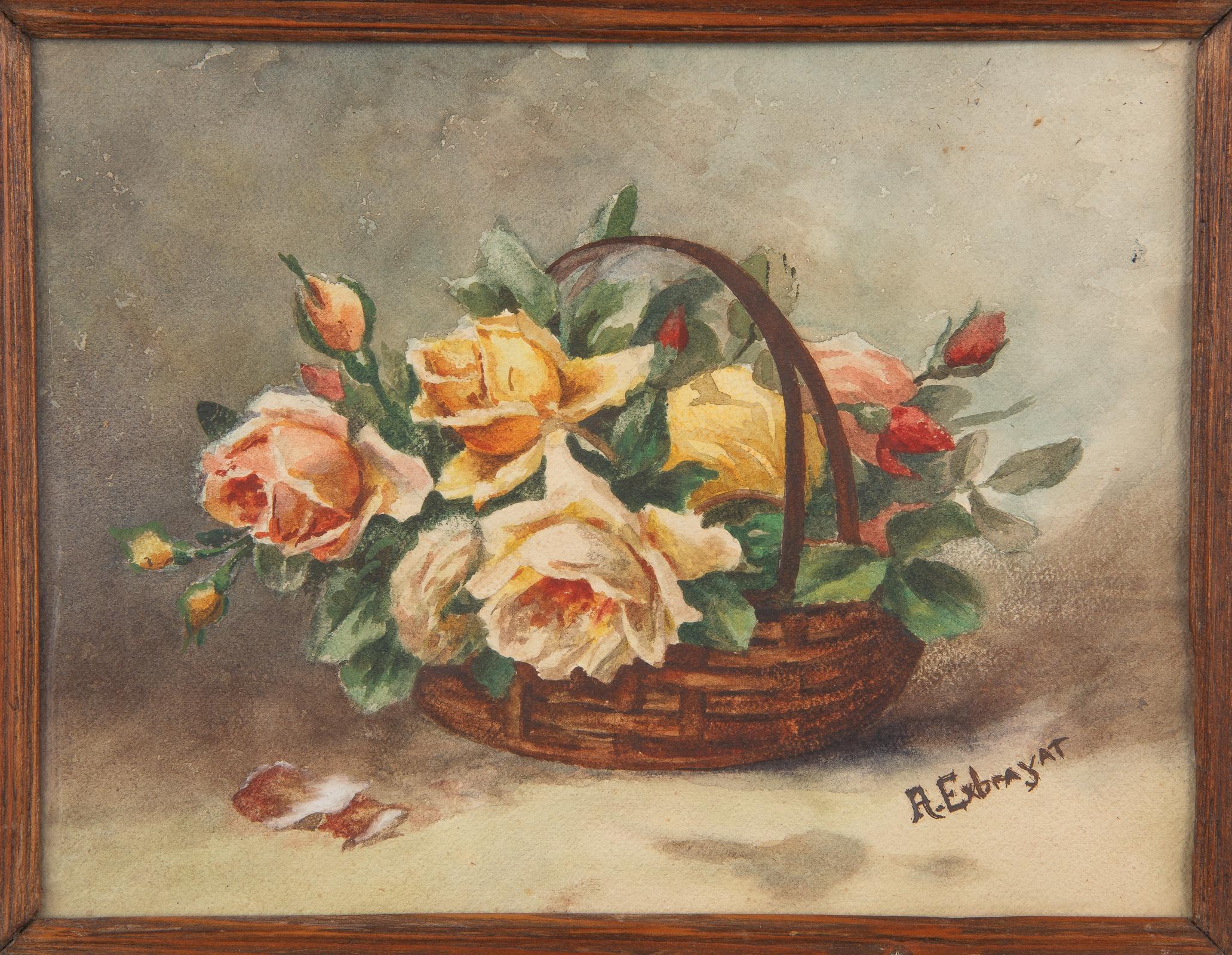 French Oak Frame with Watercolor of Flowers by Exbrayat, 20th Century For Sale 4
