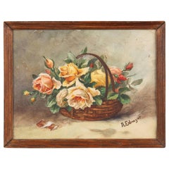 Vintage French Oak Frame with Watercolor of Flowers by Exbrayat, 20th Century