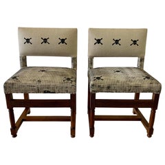 French Oak Hand-Stenciled Woven Cotton Chairs, Pair