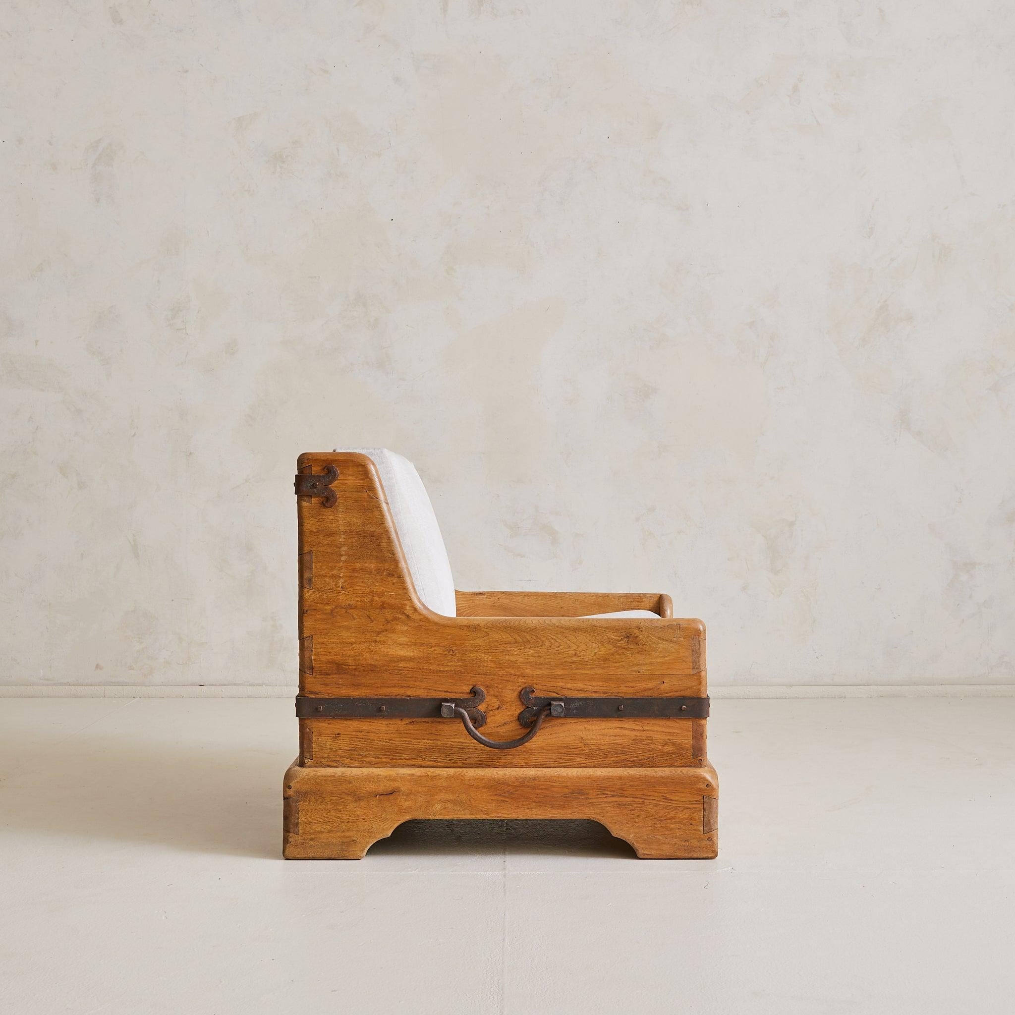 French Oak + Iron Armchair in Almond Velvet, 1950s - 2 Available Moderno de mediados de siglo en venta