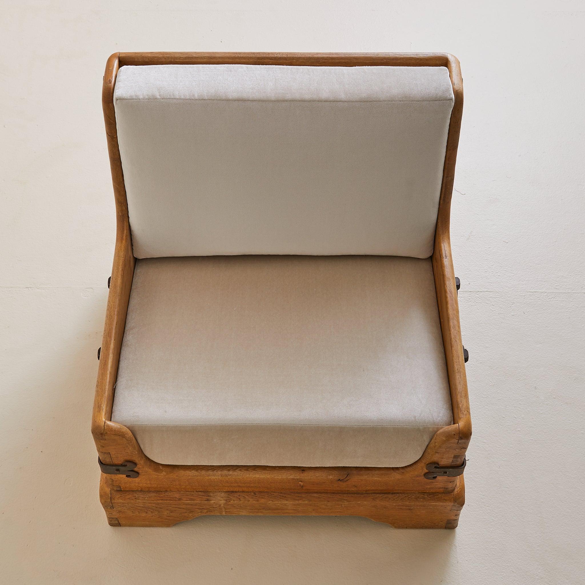 French Oak + Iron Armchair in Almond Velvet, 1950s - 2 Available mediados del siglo XX en venta