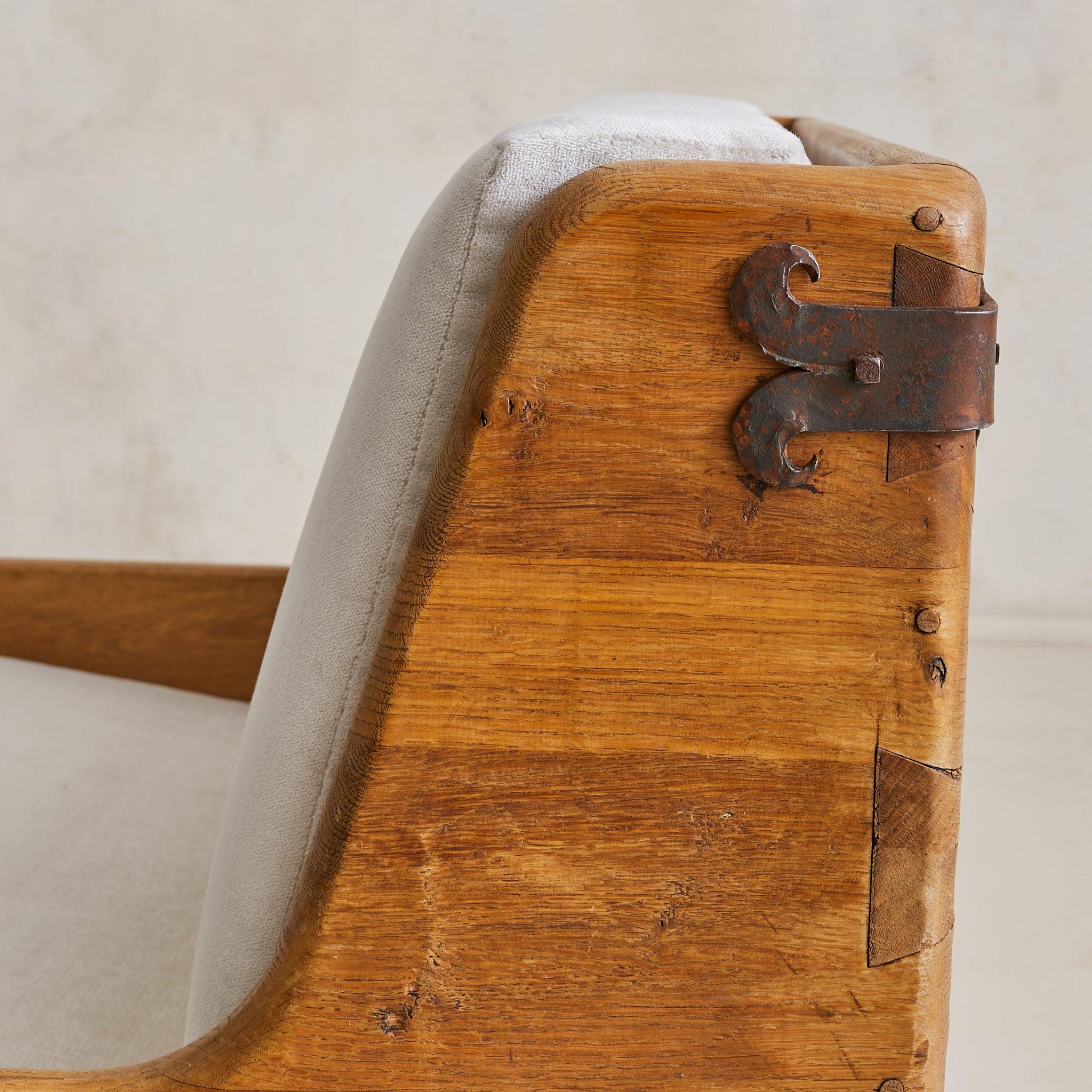 French Oak + Iron Armchair in Almond Velvet, 1950s - 2 Available en venta 2