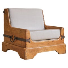 French Oak + Iron Armchair in Almond Velvet, 1950s - 2 Available