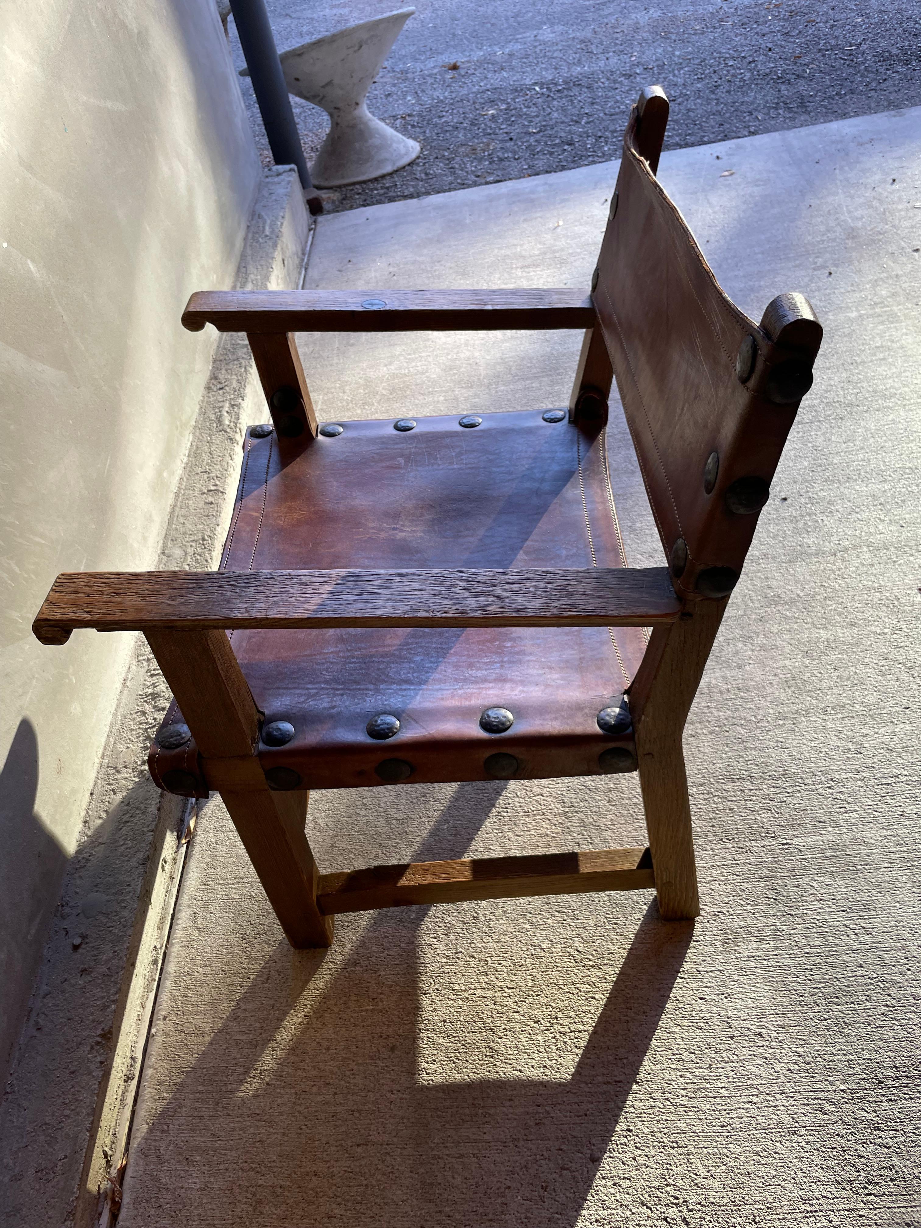 French Oak and Leather Sling Chair, Two Available, 1940-1950 5