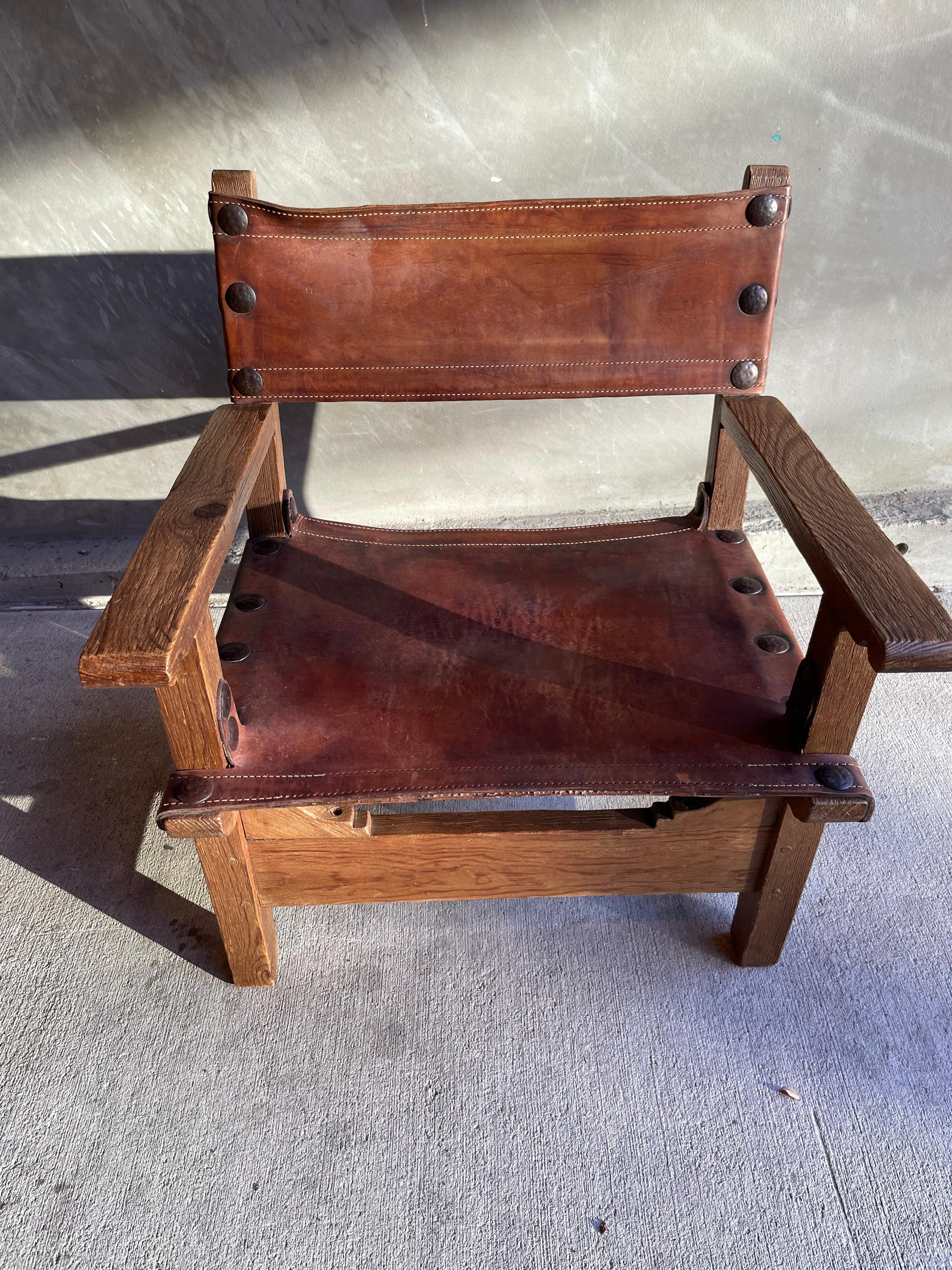 Französischer Sling Chair aus Eiche und Leder, zwei verfügbar, 1940-1950 im Angebot 6