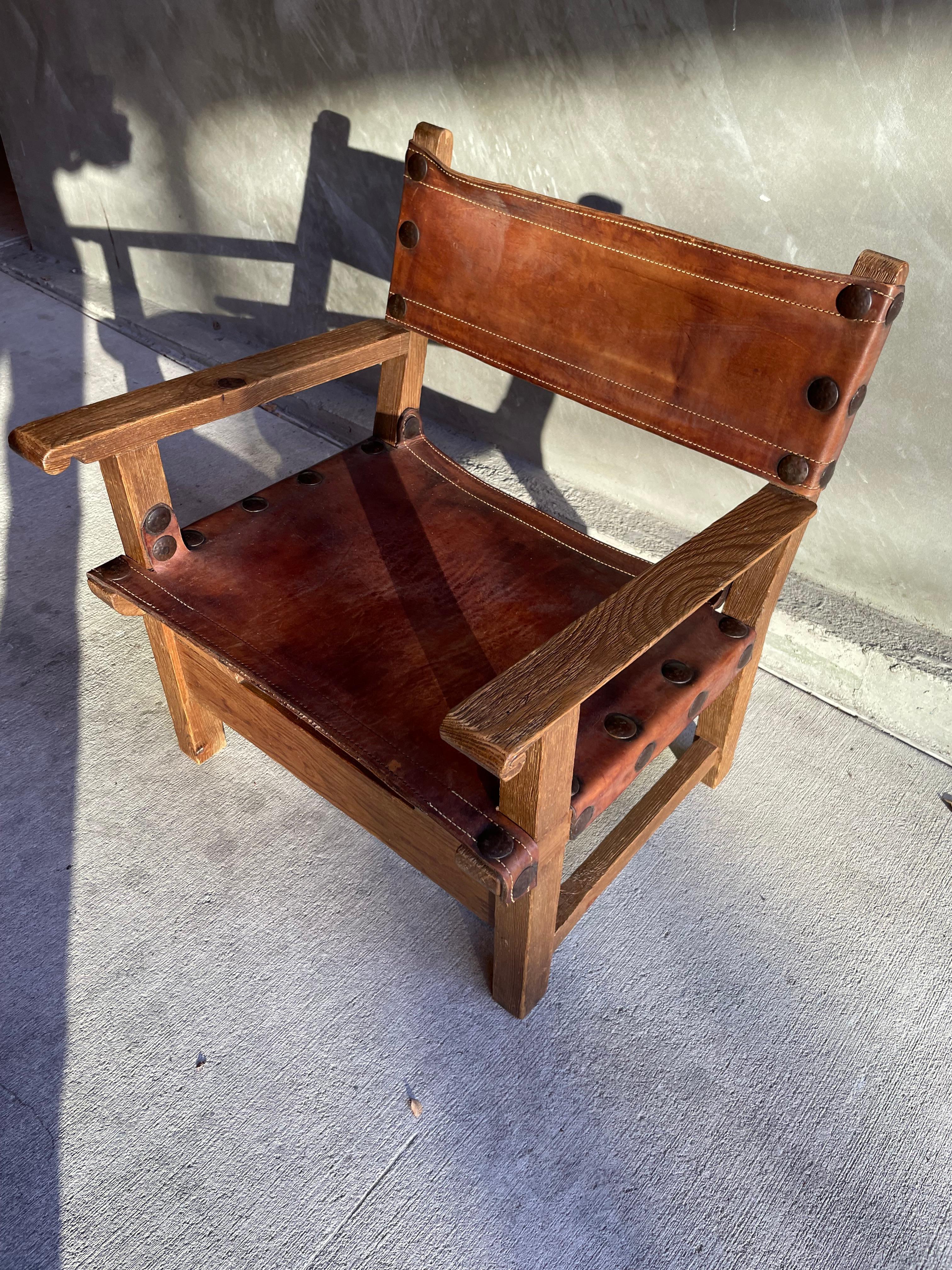 Französischer Sling Chair aus Eiche und Leder, zwei verfügbar, 1940-1950 im Angebot 7