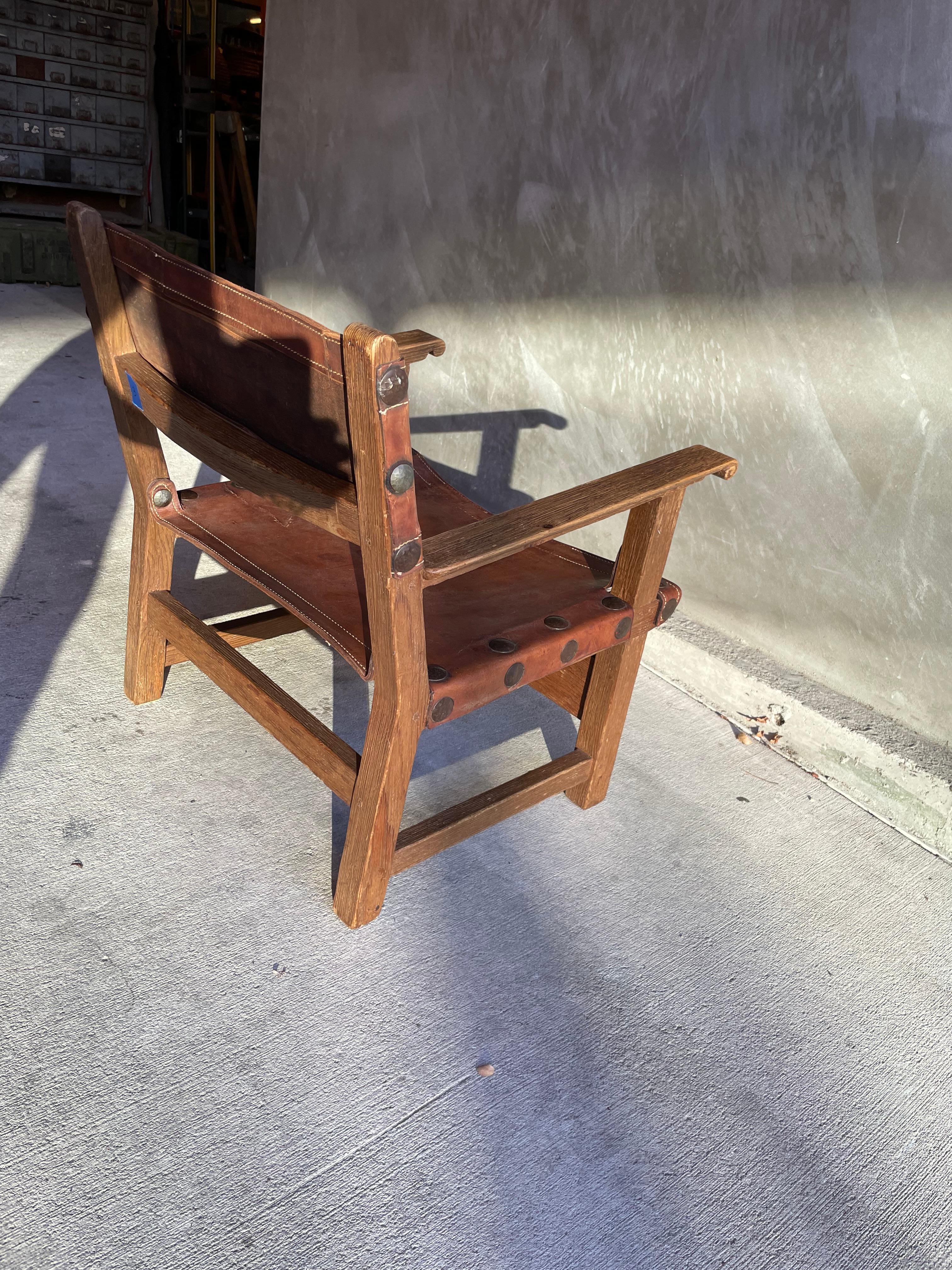 French Oak and Leather Sling Chair, Two Available, 1940-1950 8