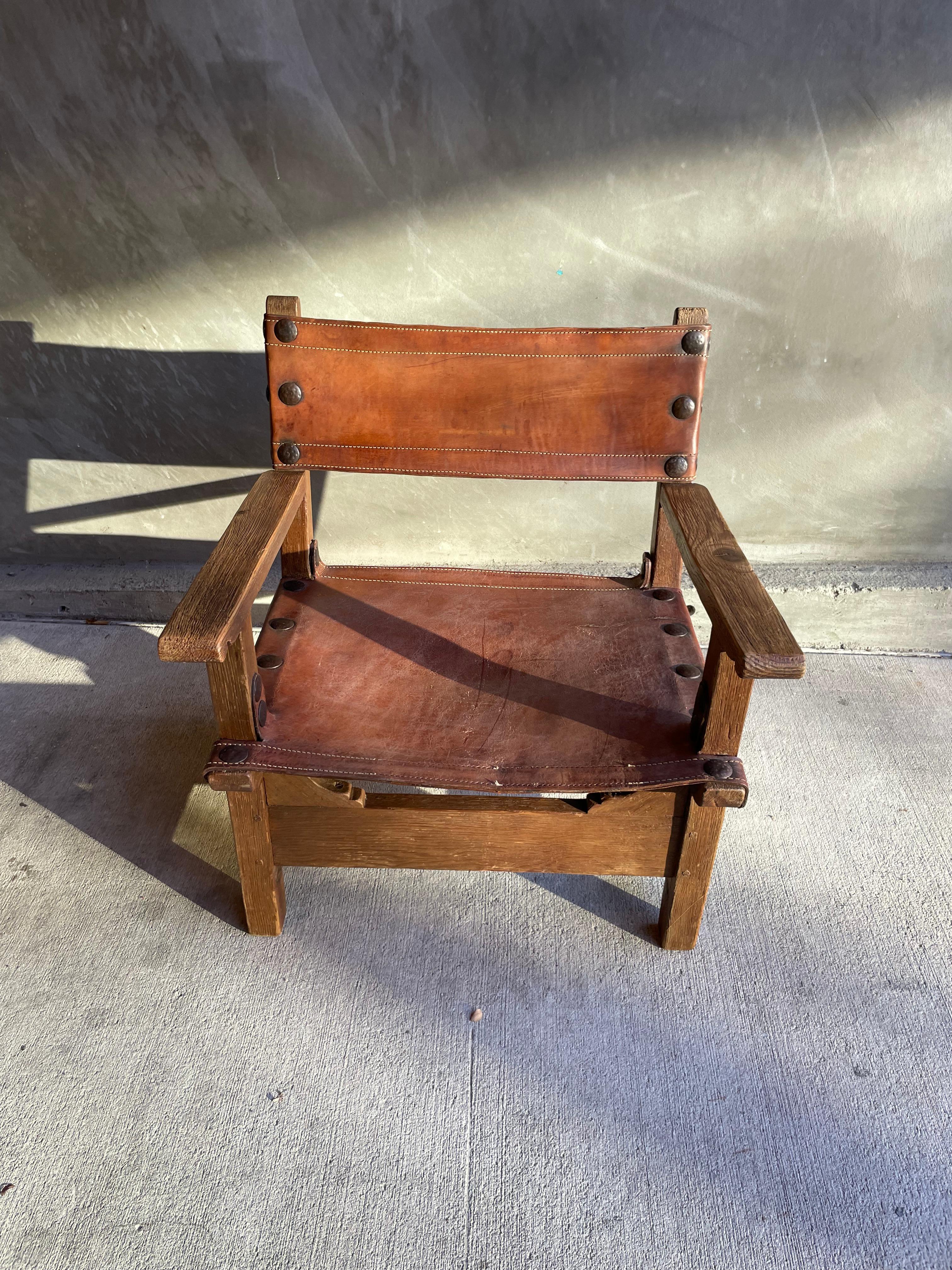 French Oak and Leather Sling Chair, Two Available, 1940-1950 For Sale 9