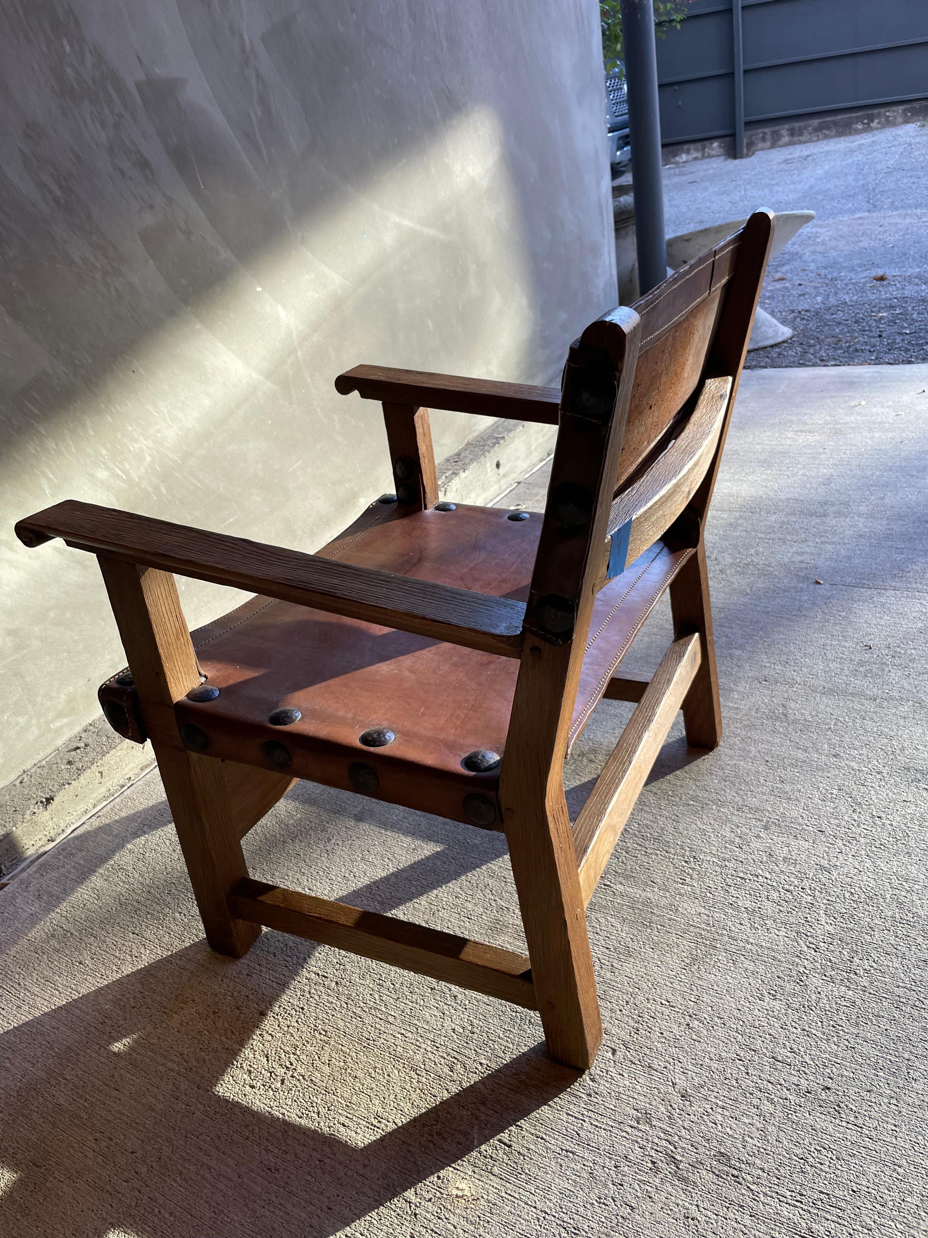 French Oak and Leather Sling Chair, Two Available, 1940-1950 10