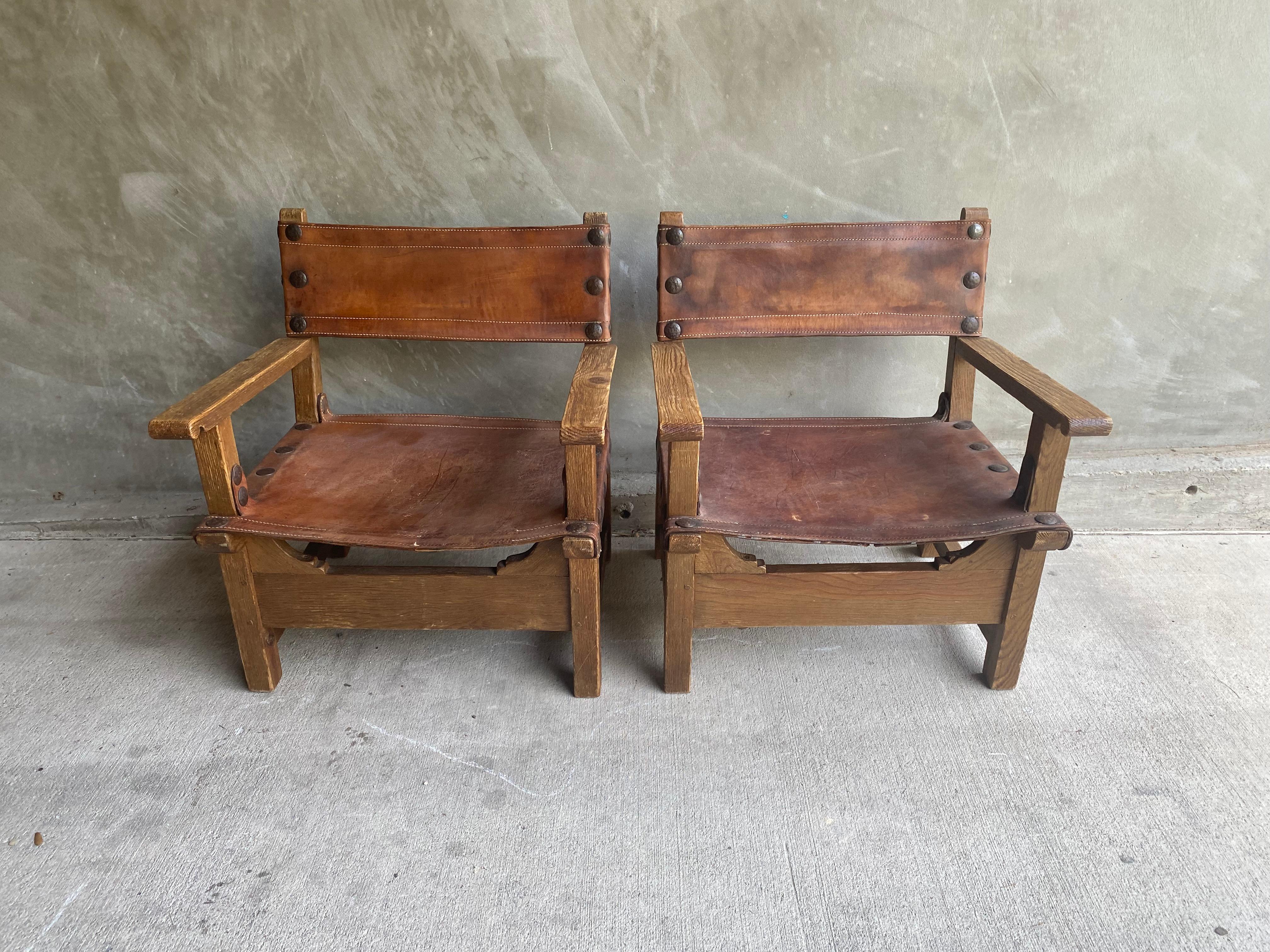 French Oak and Leather Sling Chair, Two Available, 1940-1950 12
