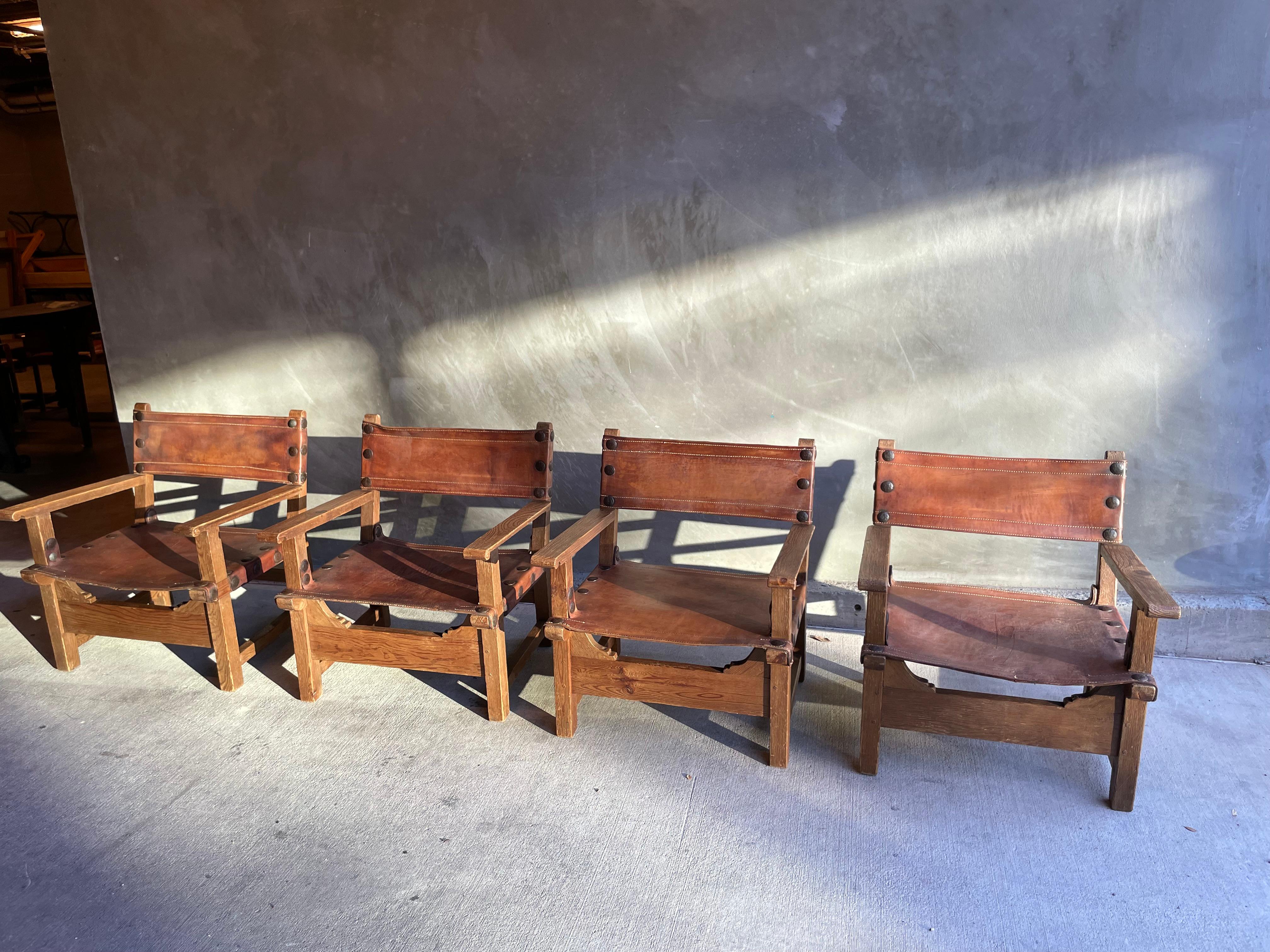 French Oak and Leather Sling Chair, Two Available, 1940-1950 14