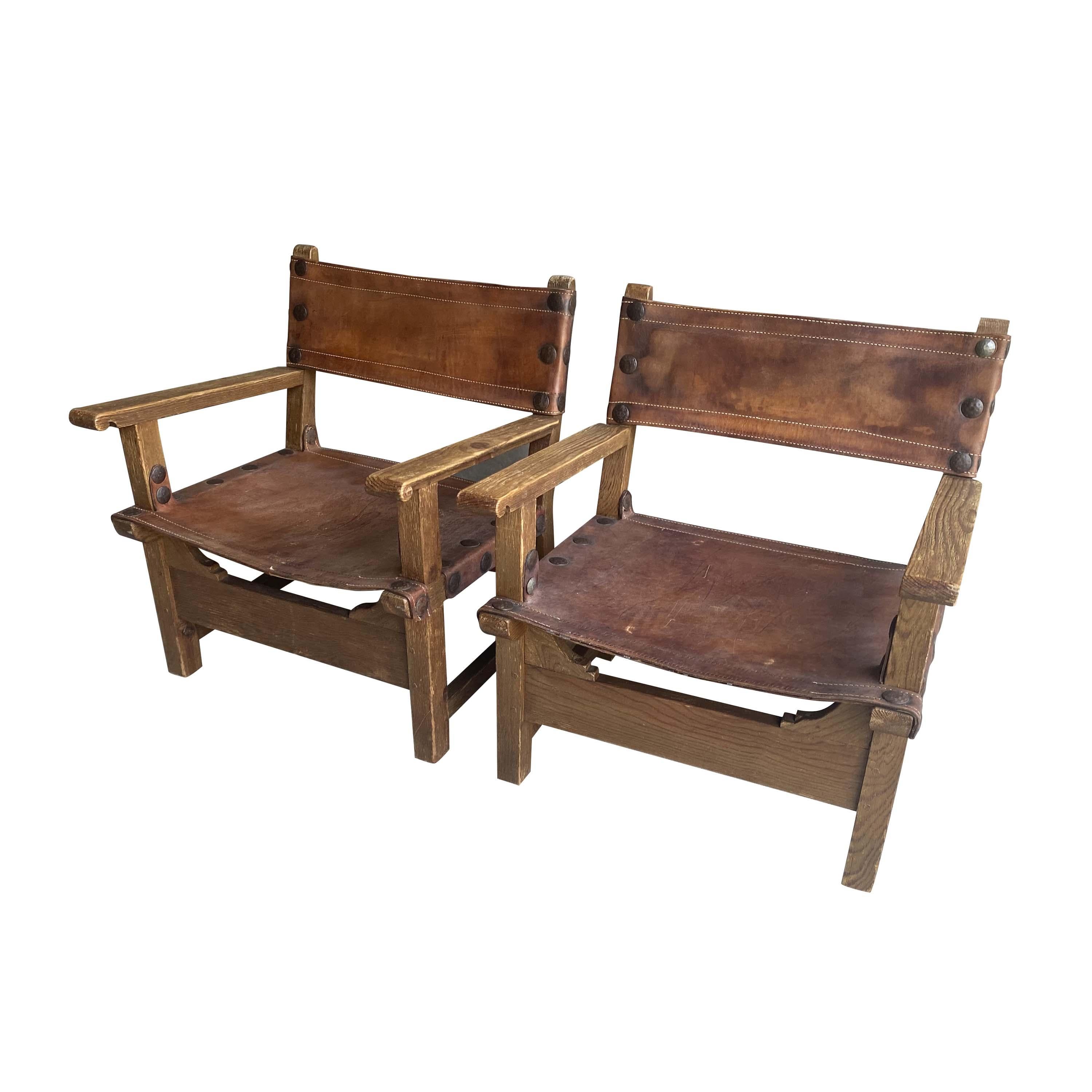 Mid-Century Modern French Oak and Leather Sling Chair, Two Available, 1940-1950 For Sale
