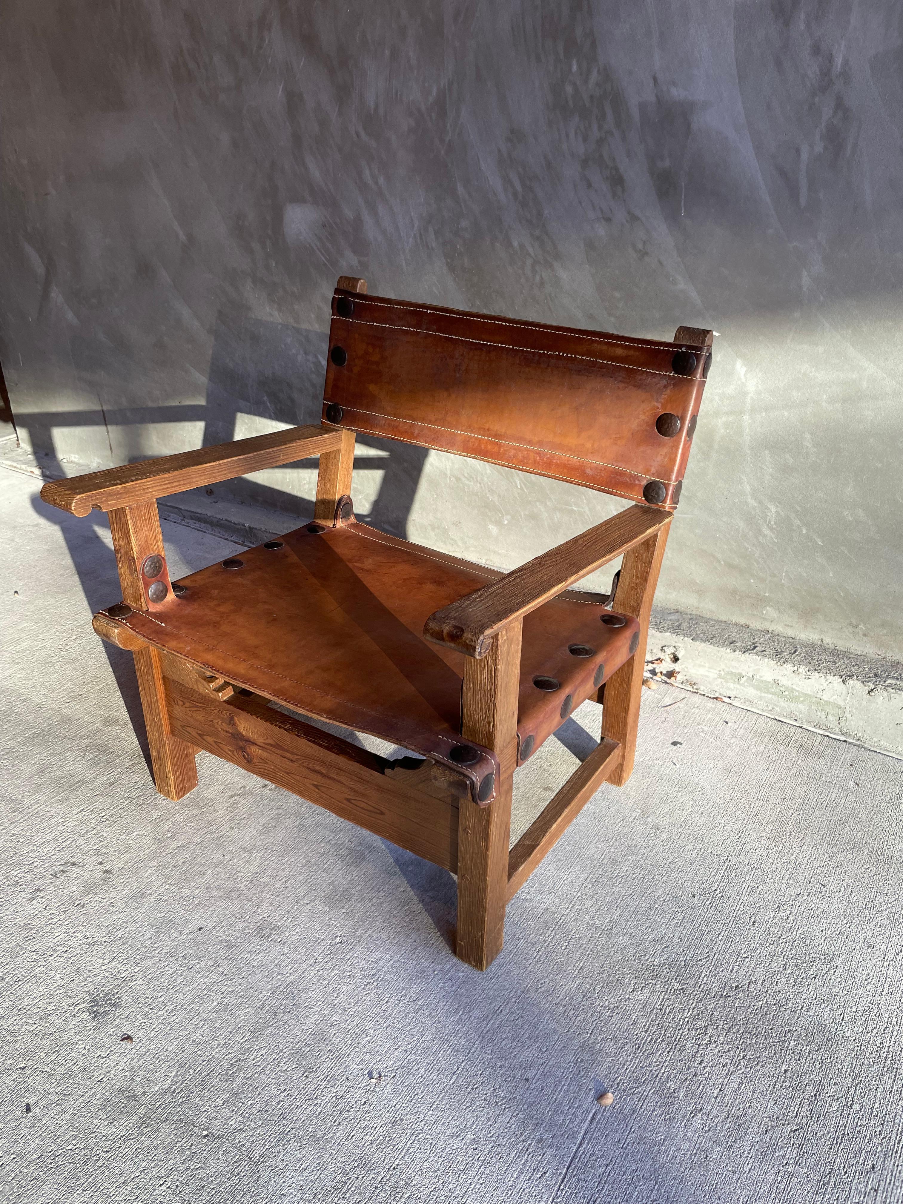 French Oak and Leather Sling Chair, Two Available, 1940-1950 In Good Condition In Austin, TX