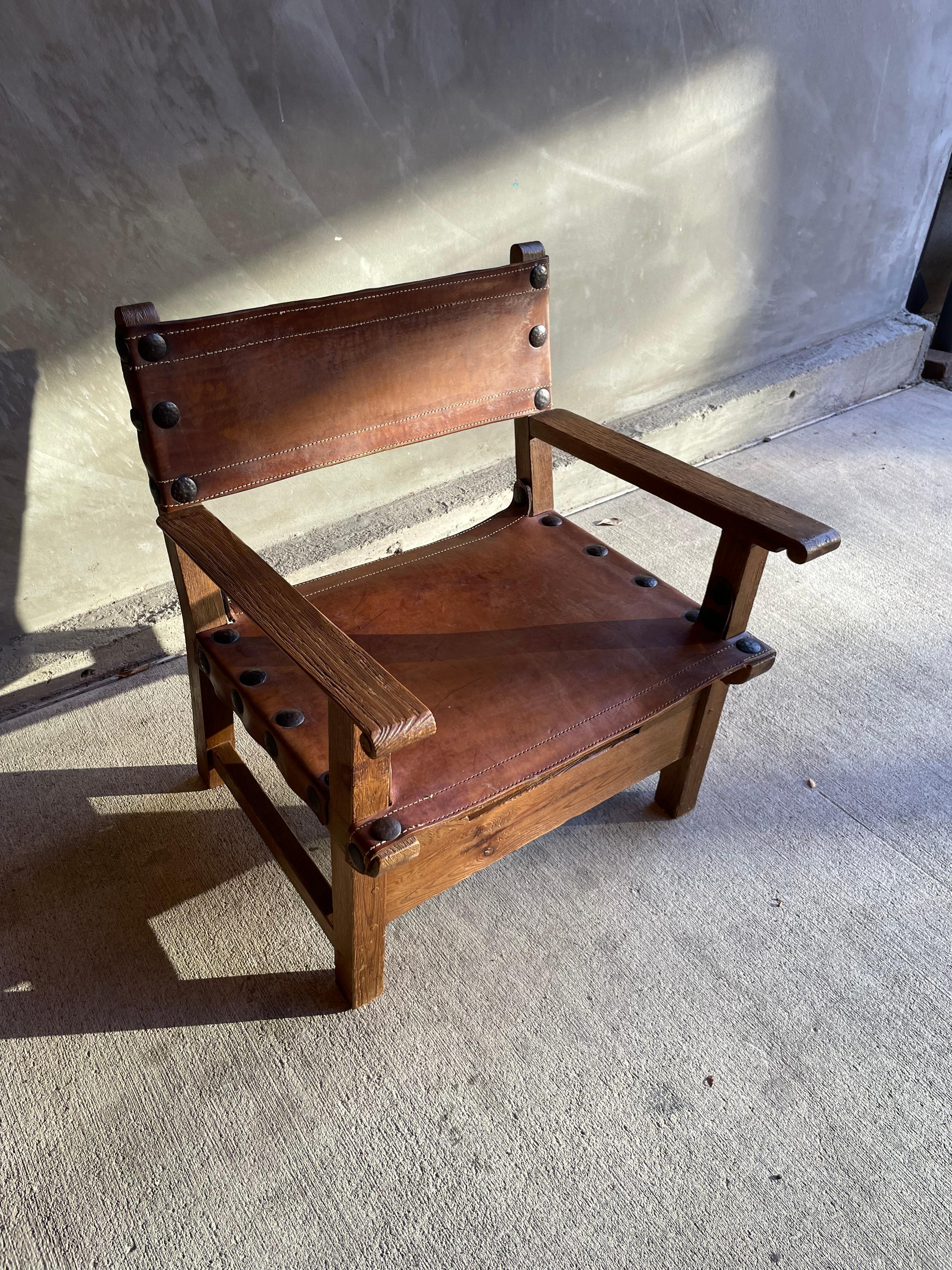 20th Century French Oak and Leather Sling Chair, Two Available, 1940-1950