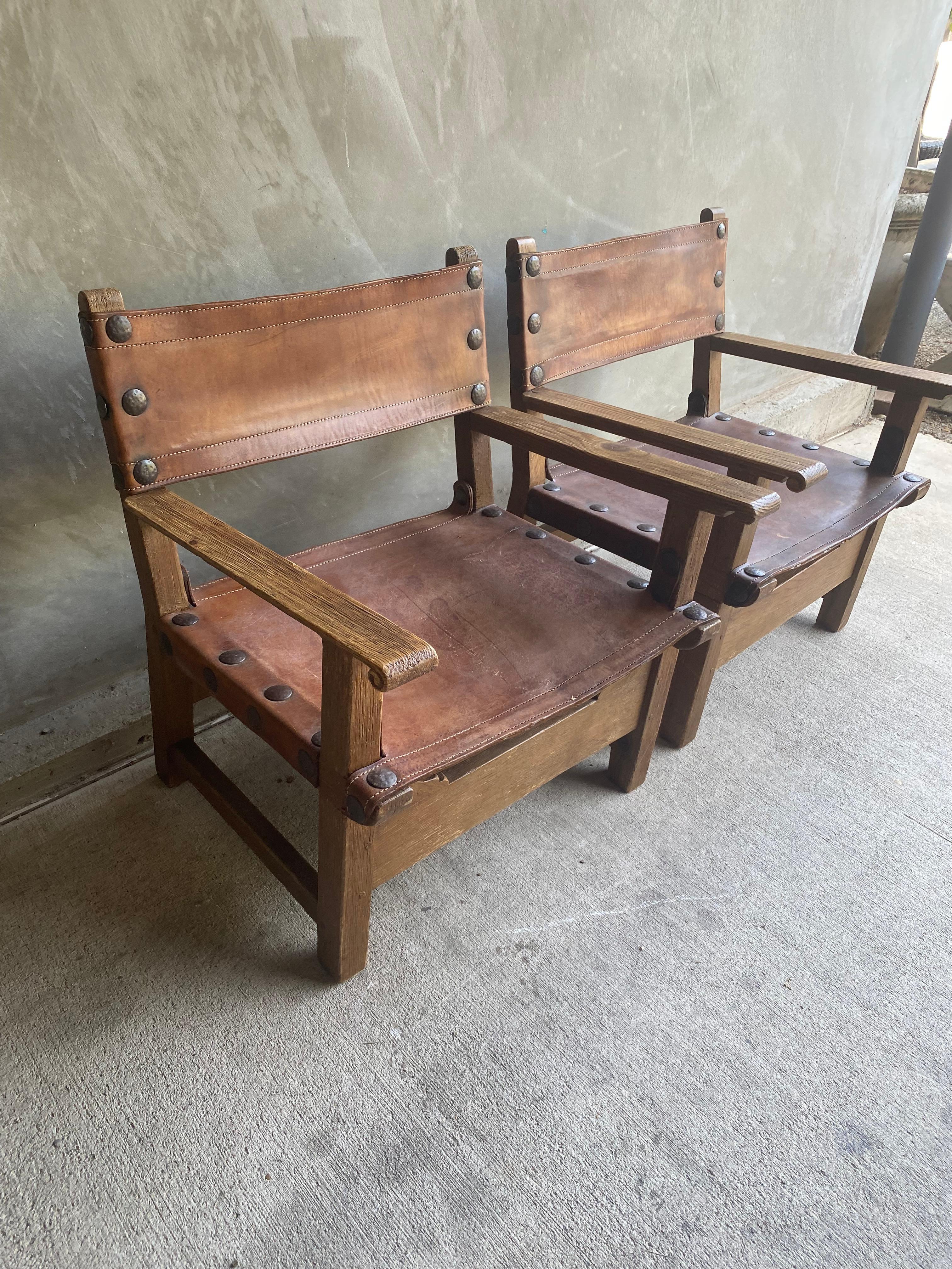 French Oak and Leather Sling Chair, Two Available, 1940-1950 1