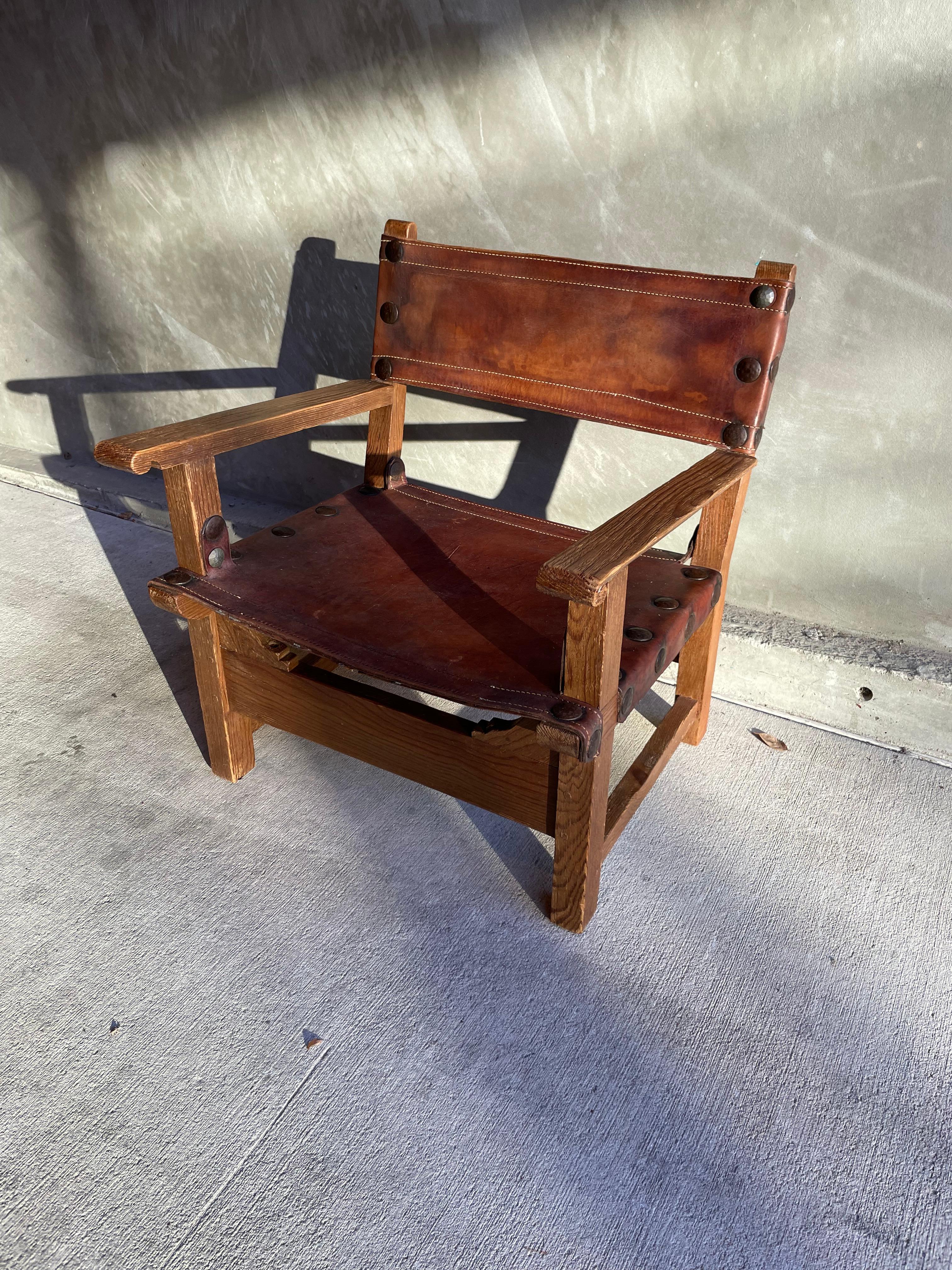 French Oak and Leather Sling Chair, Two Available, 1940-1950 3