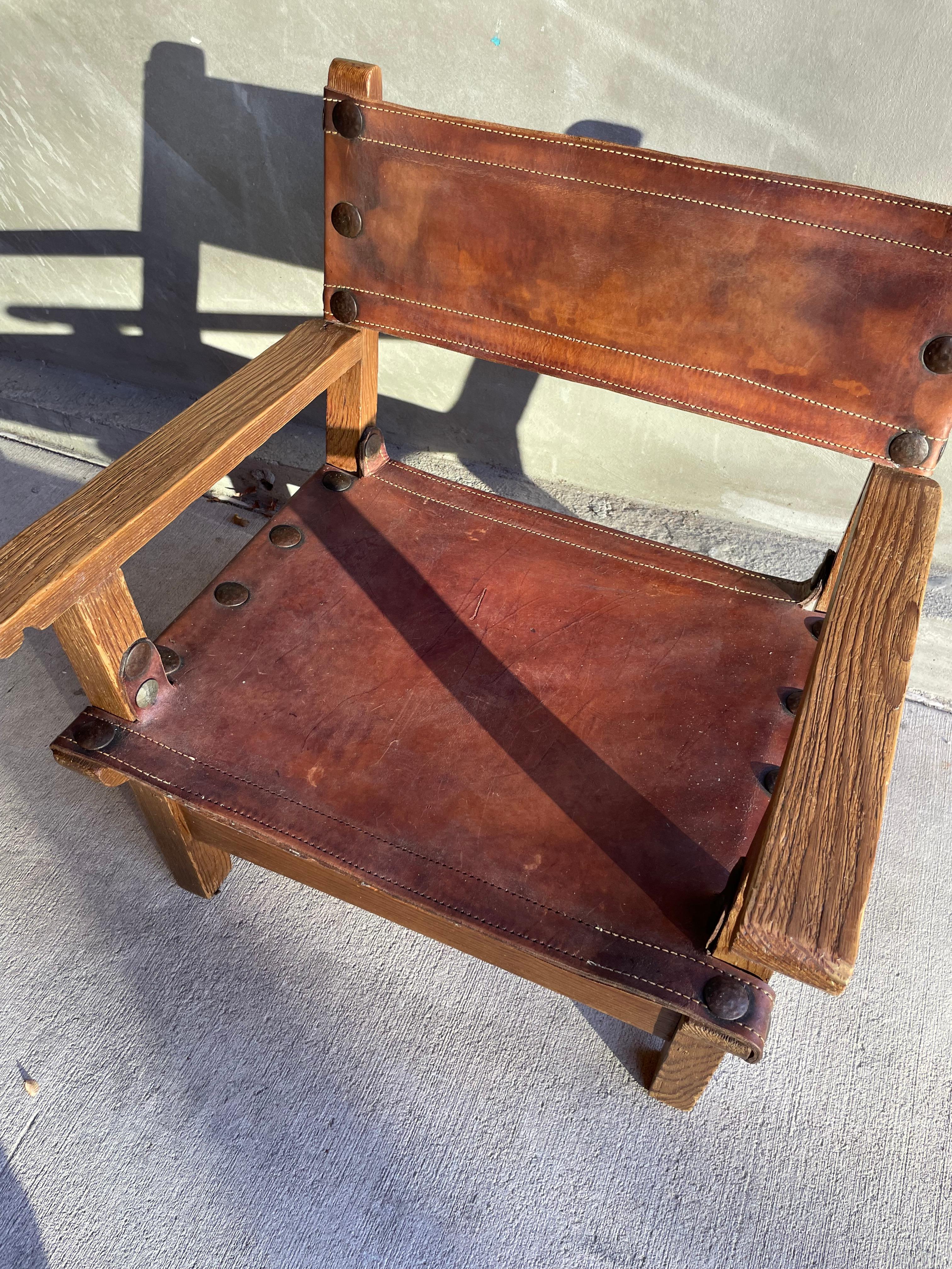 Französischer Sling Chair aus Eiche und Leder, zwei verfügbar, 1940-1950 im Angebot 4