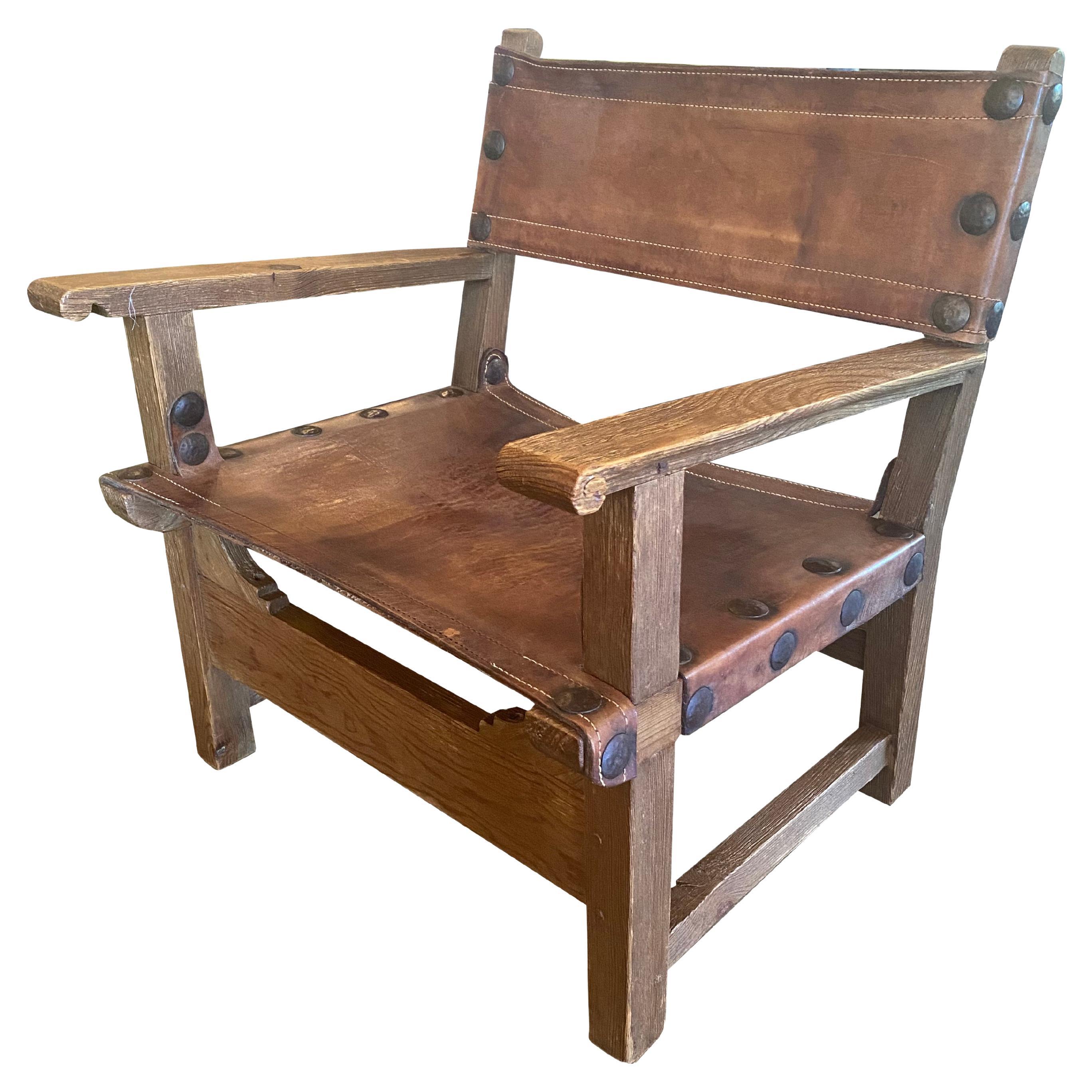 Französischer Sling Chair aus Eiche und Leder, zwei verfügbar, 1940-1950