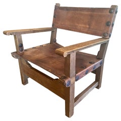 Used French Oak and Leather Sling Chair, Four Available, 1940-1950
