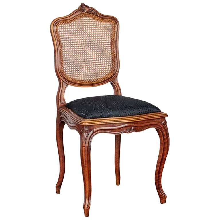 French Oak Louis XV Lattice Dining Chairs with Black Upholstery, Set of Six For Sale