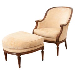 French Oak Louis XVI Style Bergere & Ottoman