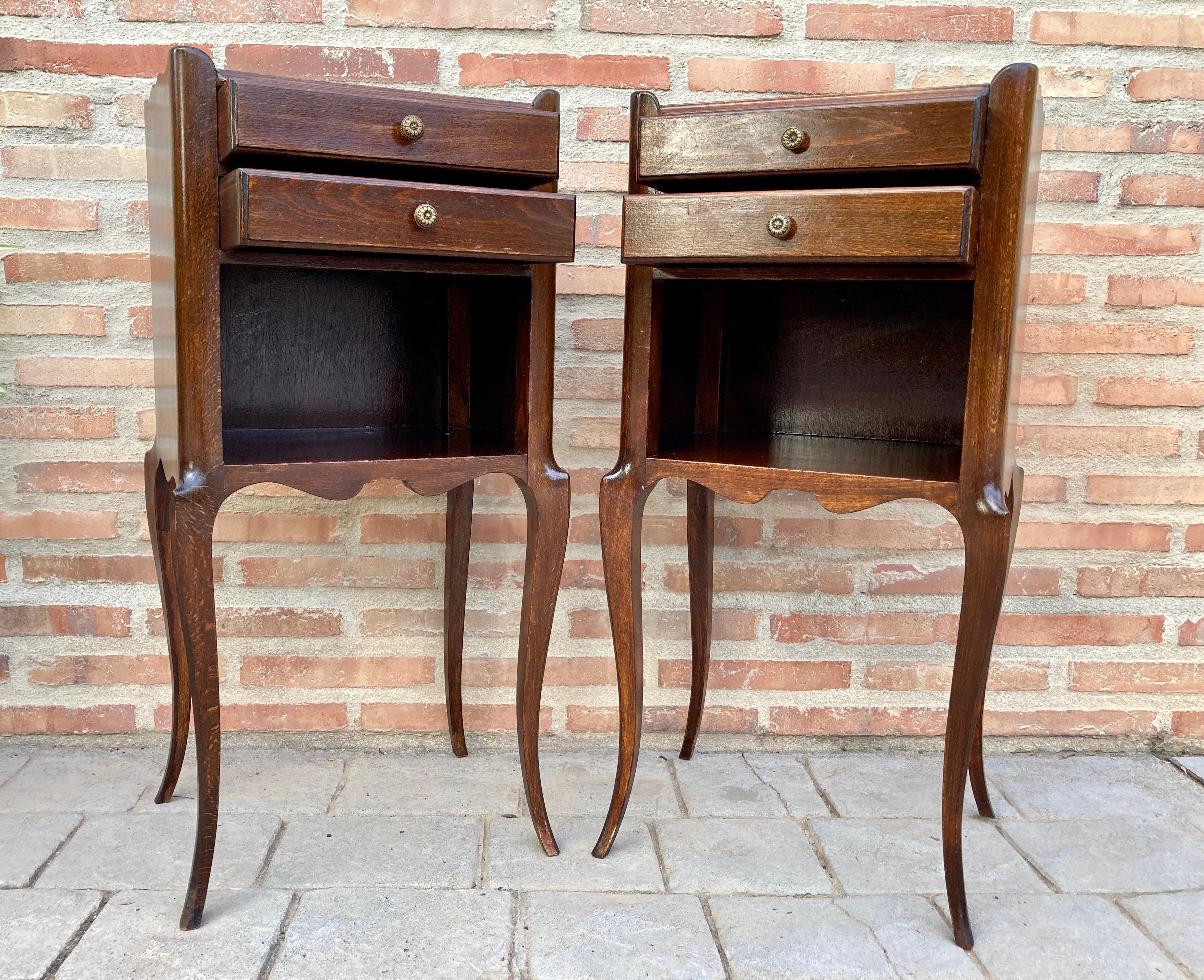 Walnut French Oak Nightstands with 2 Drawers, 1890s, Set of 2 For Sale