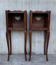 French Oak Pair of Nightstands with Heart Open Shelf, Cabinet, 1890s