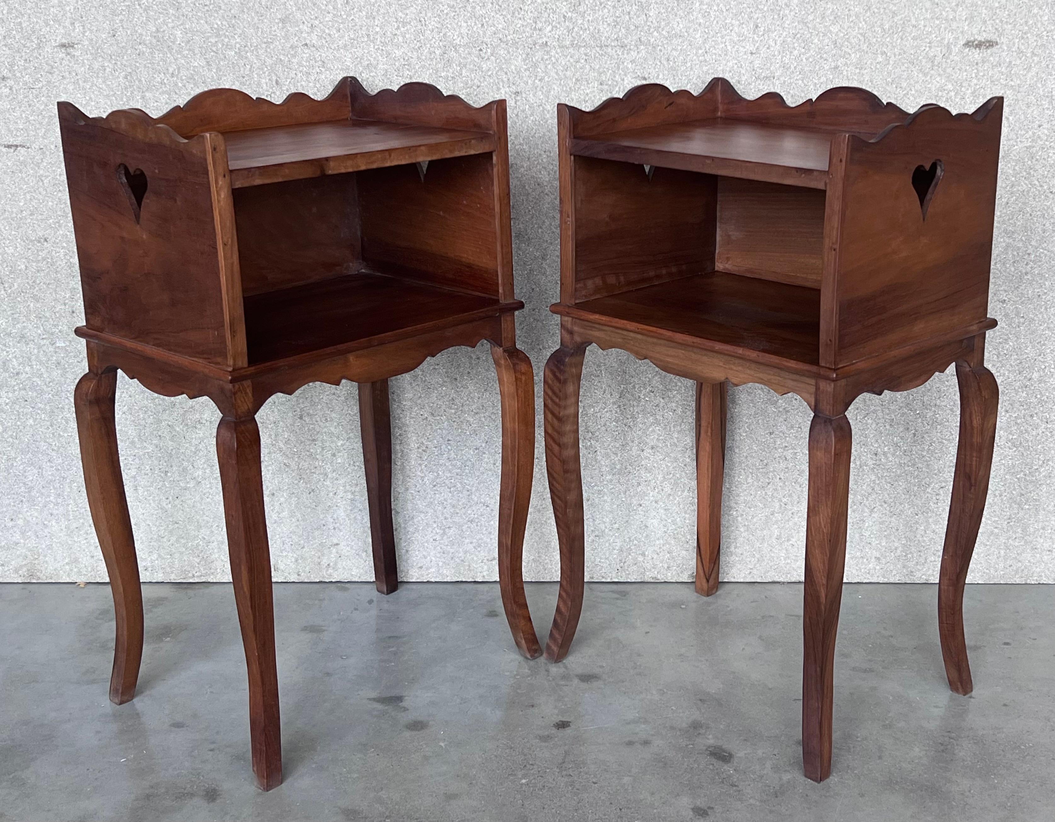 19th Century French Oak Pair of Nightstands with Heart Open Shelf, Cabinet, 1890s