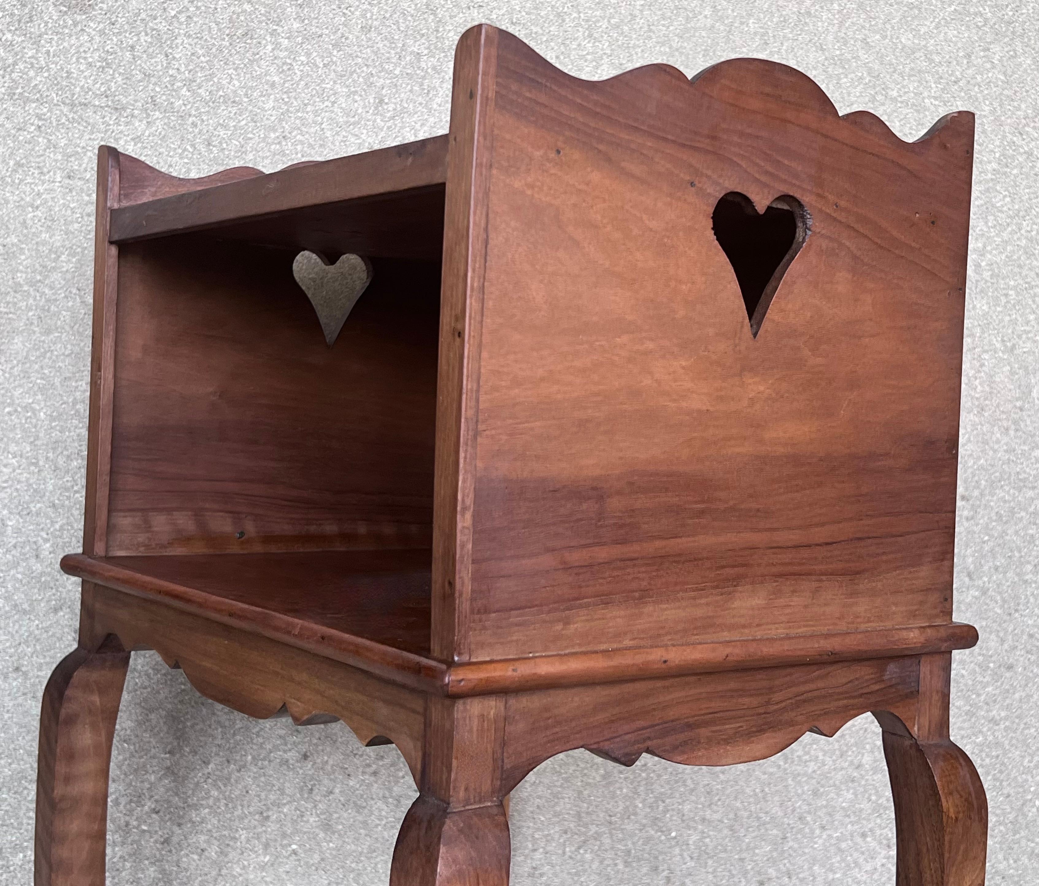 French Oak Pair of Nightstands with Heart Open Shelf, Cabinet, 1890s 4
