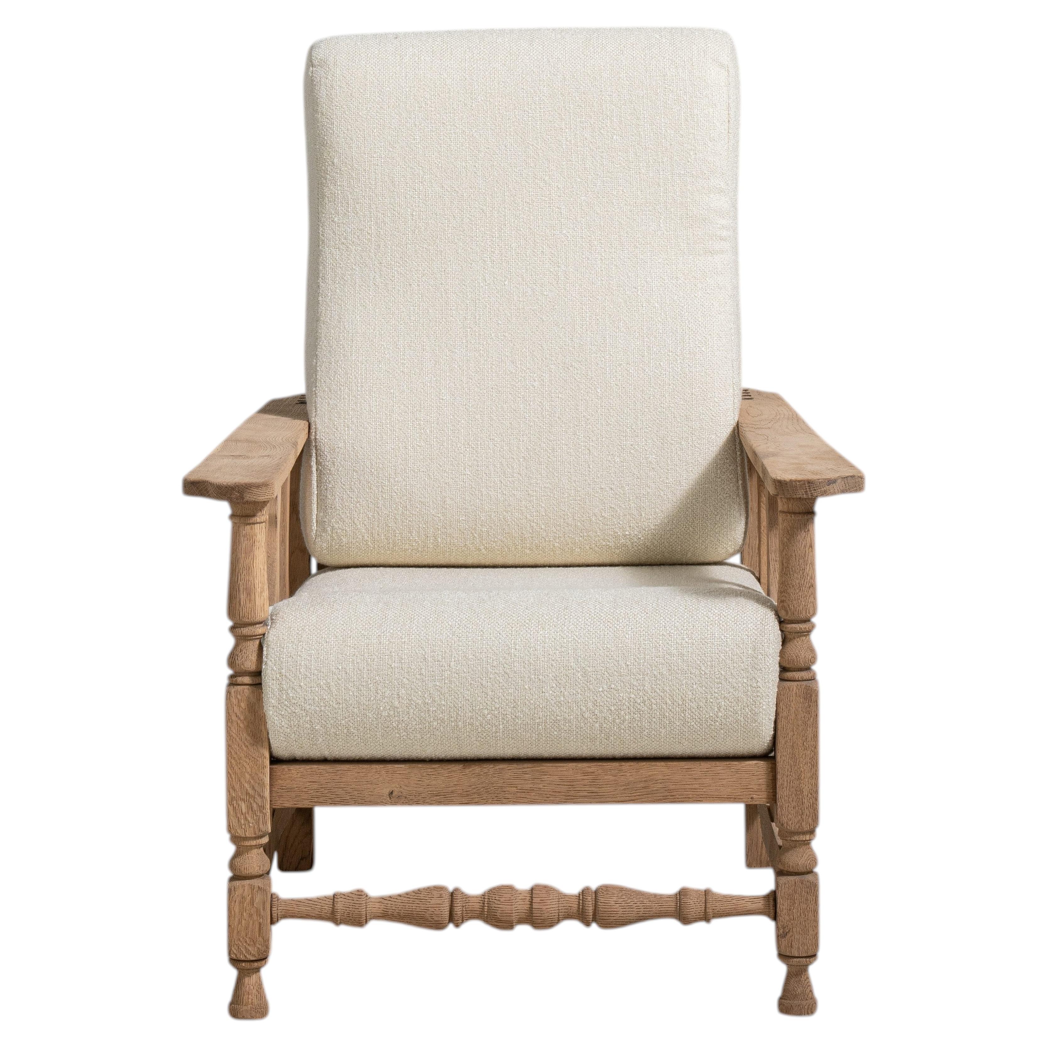 French Oak Reclining Armchair with Bouclé Upholstery