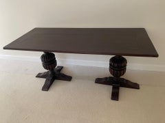 French Oak Refractory or Library Table on Pedestals, 19th Century