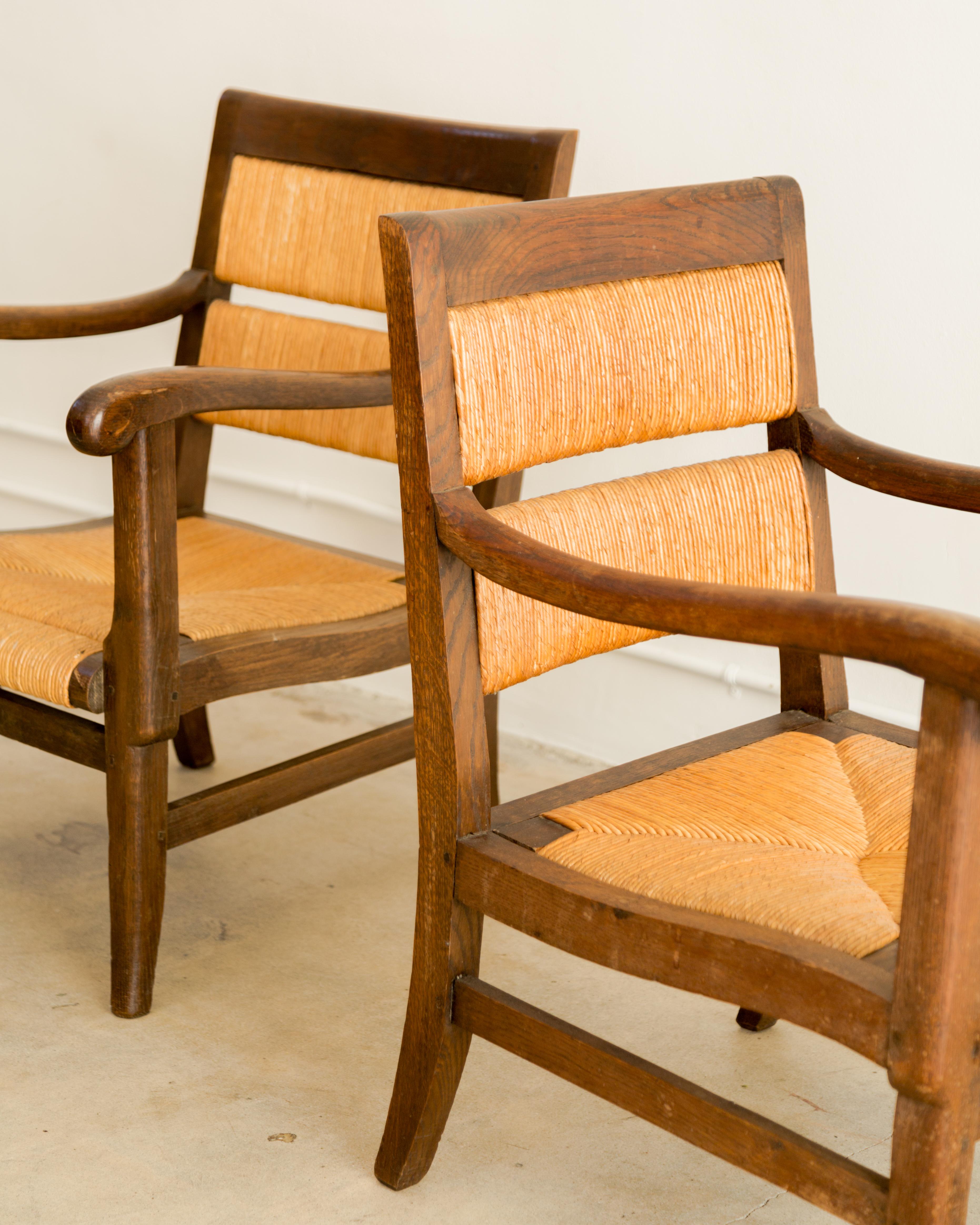 French Oak + Rush Armchairs In Good Condition For Sale In West Hollywood, CA
