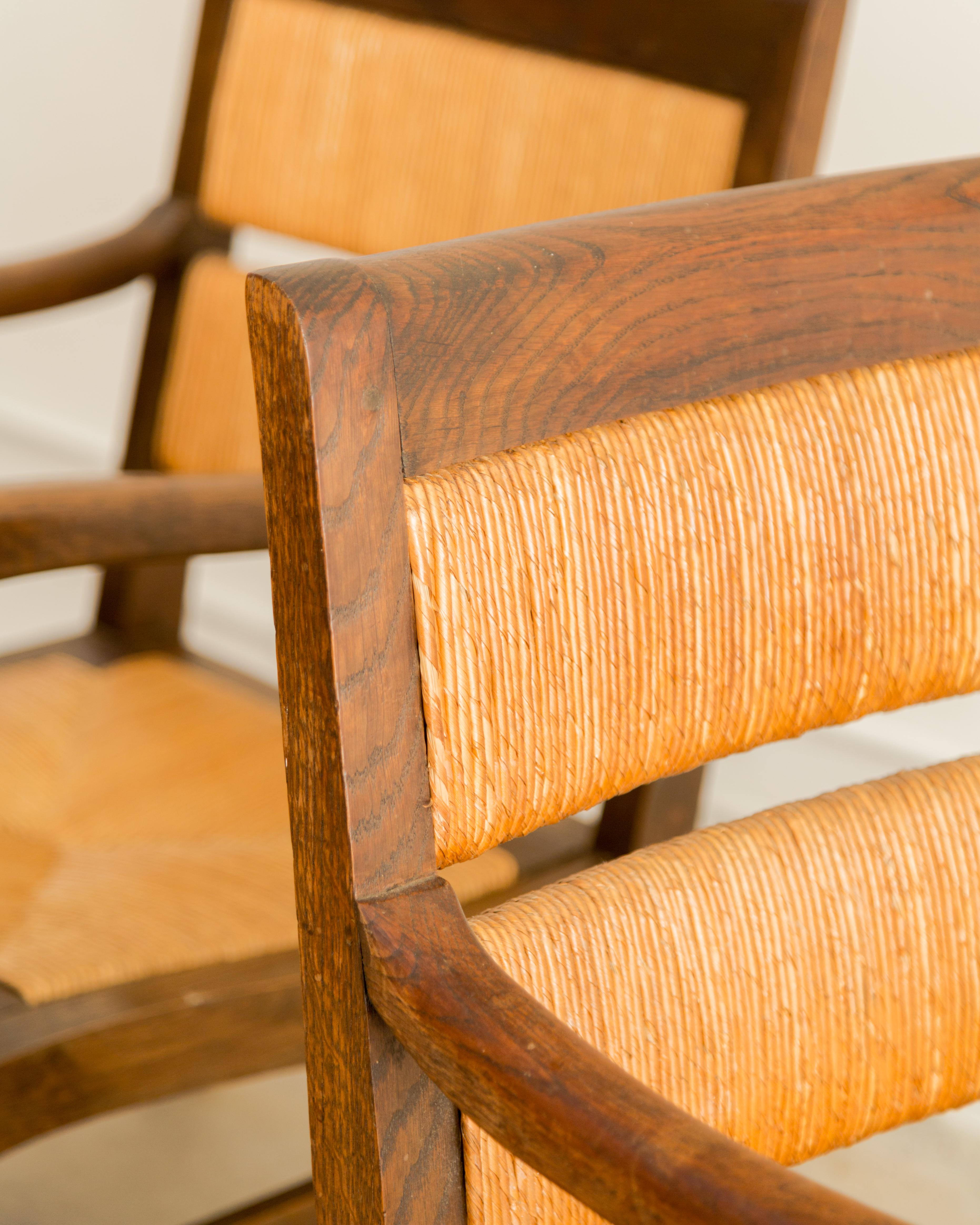 Mid-20th Century French Oak + Rush Armchairs For Sale