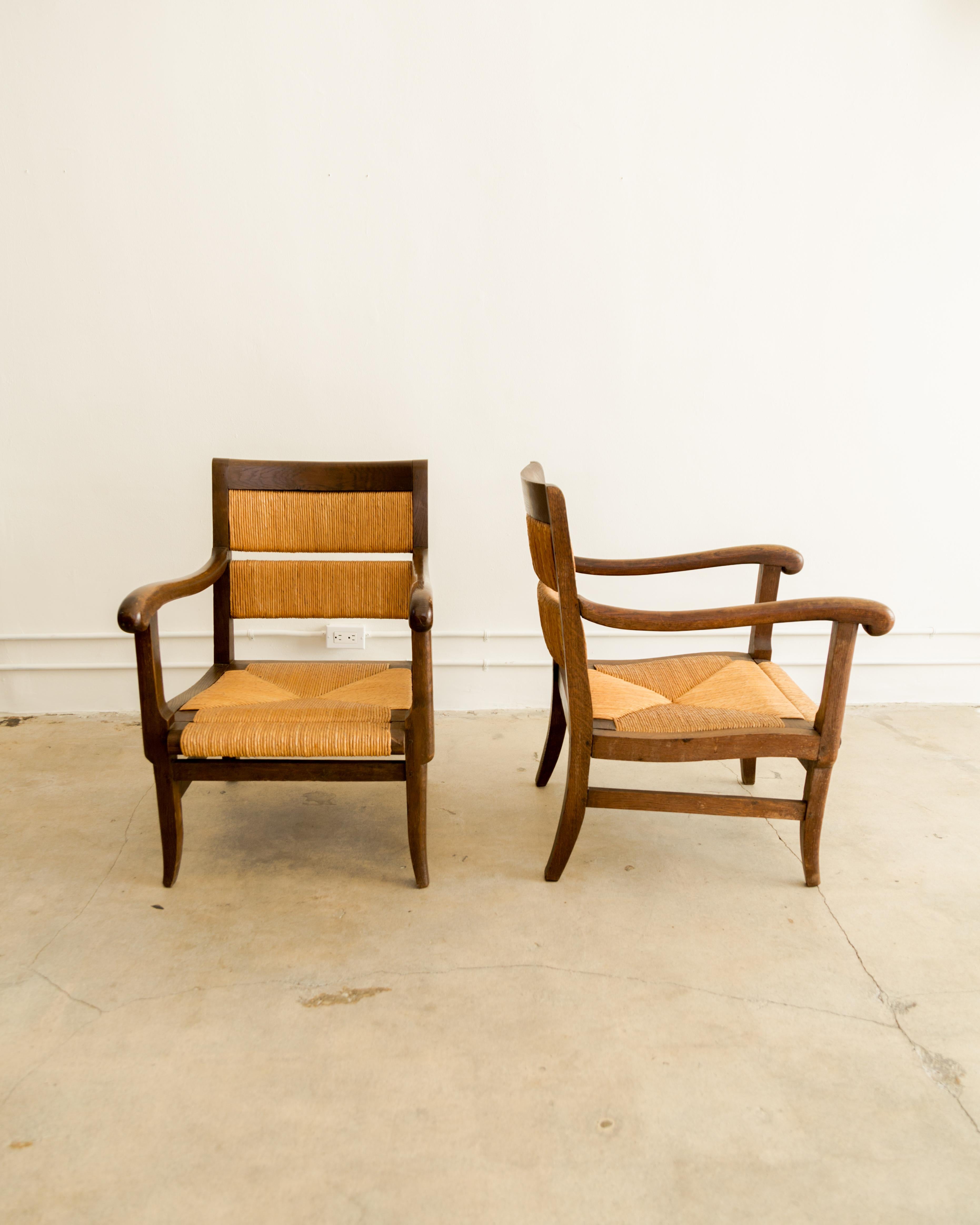 French Oak + Rush Armchairs For Sale 2